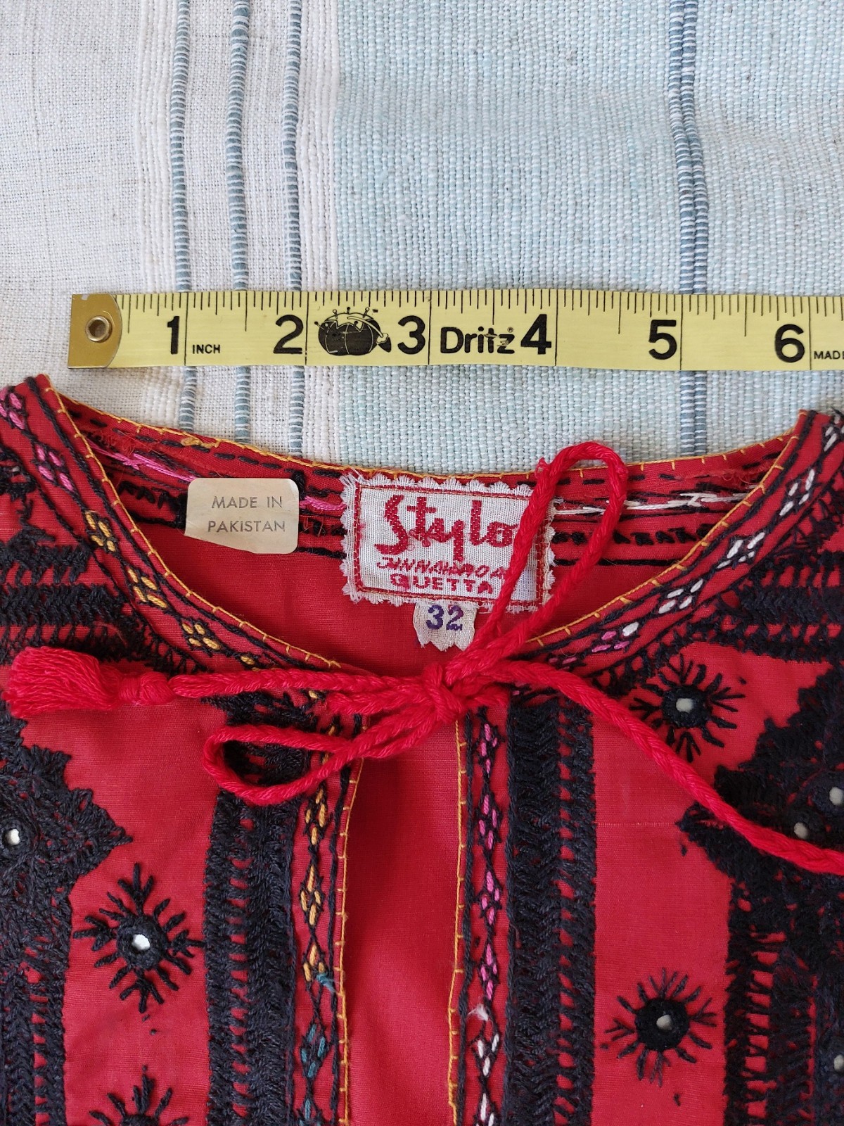Boho Embroidered Tunic Dress Red/Black Kurta Tassel Folk Long Sleeve, S/M