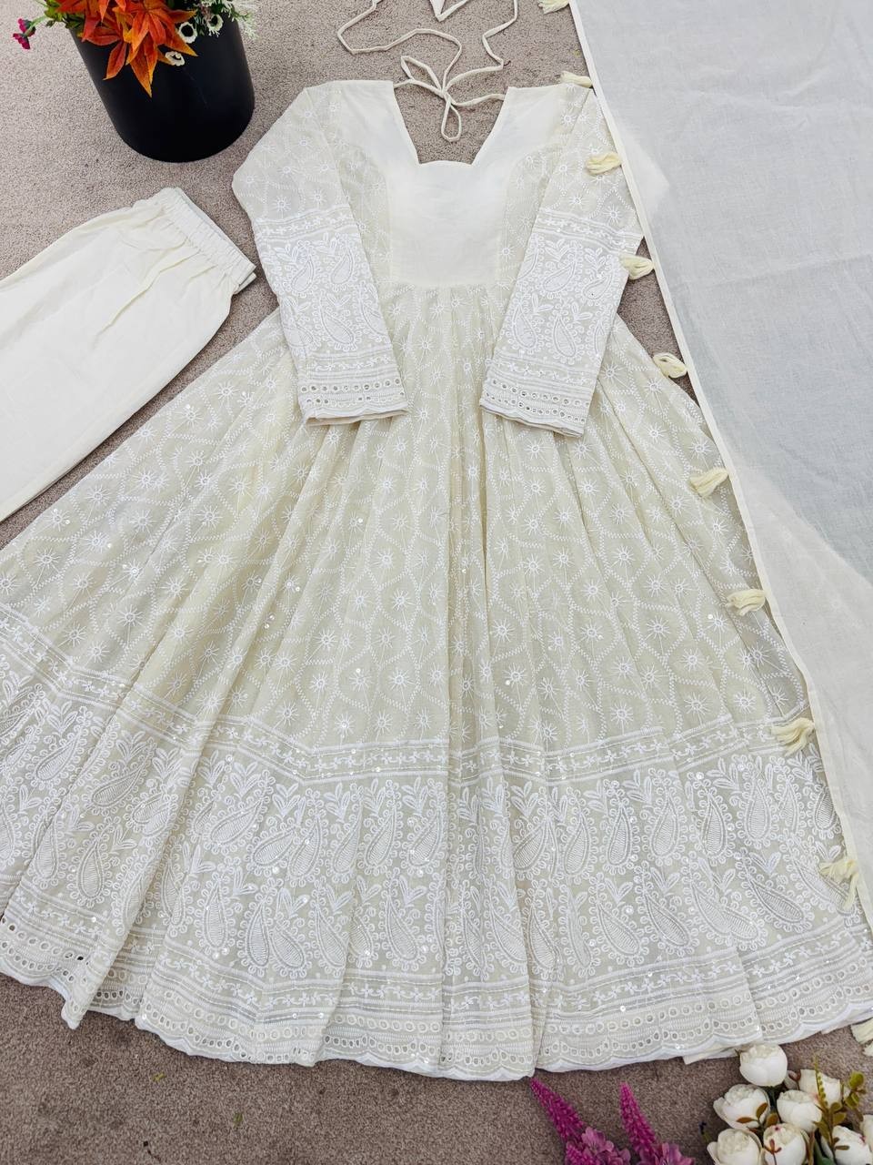Beautiful Pure Kora Cotton Off White Gown Bottom With Dupatta For Party Wear