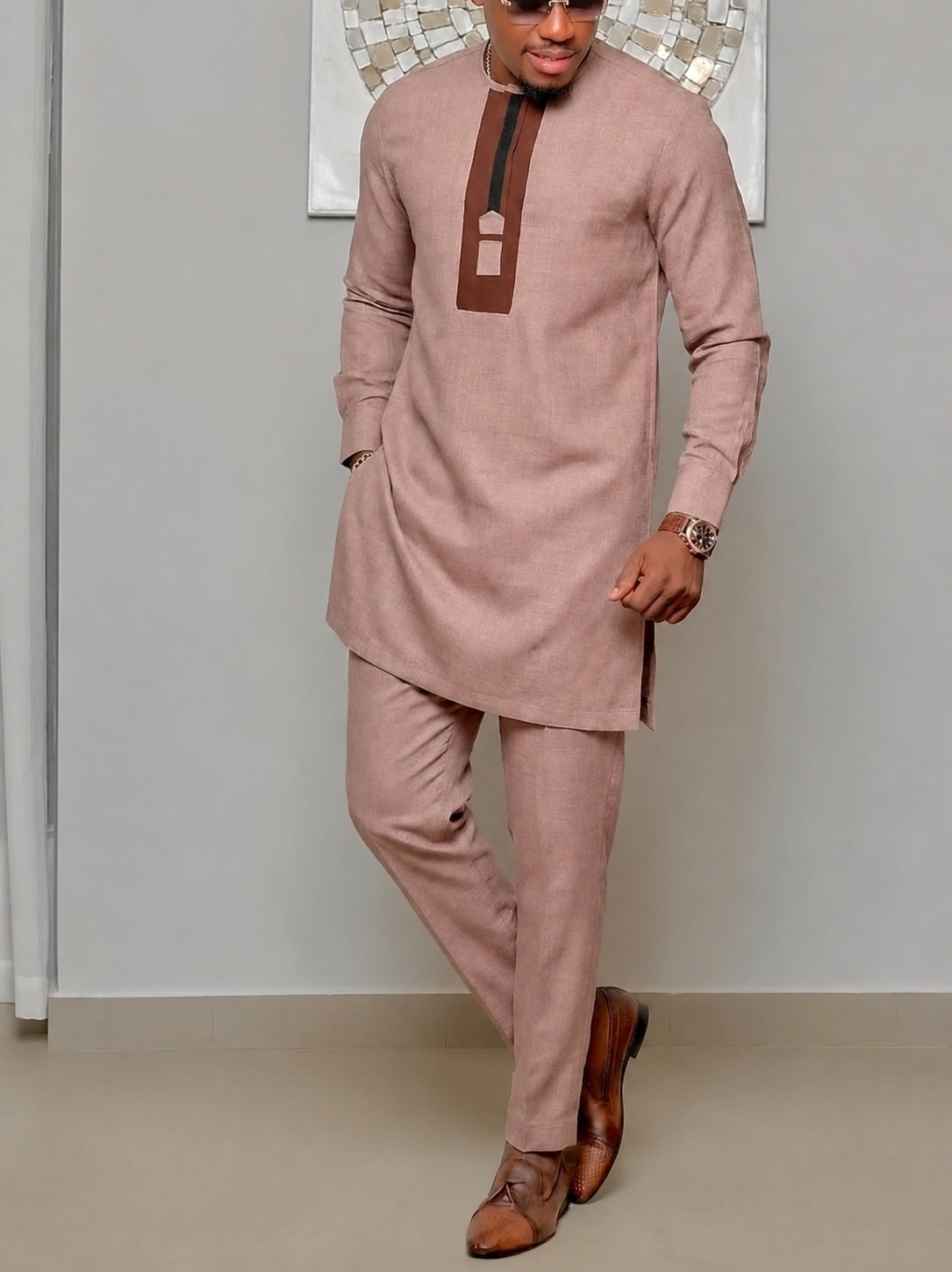 2- Piece Men’s African Clothing Brown Attire long Sleeve Top Pants Kafton Set
