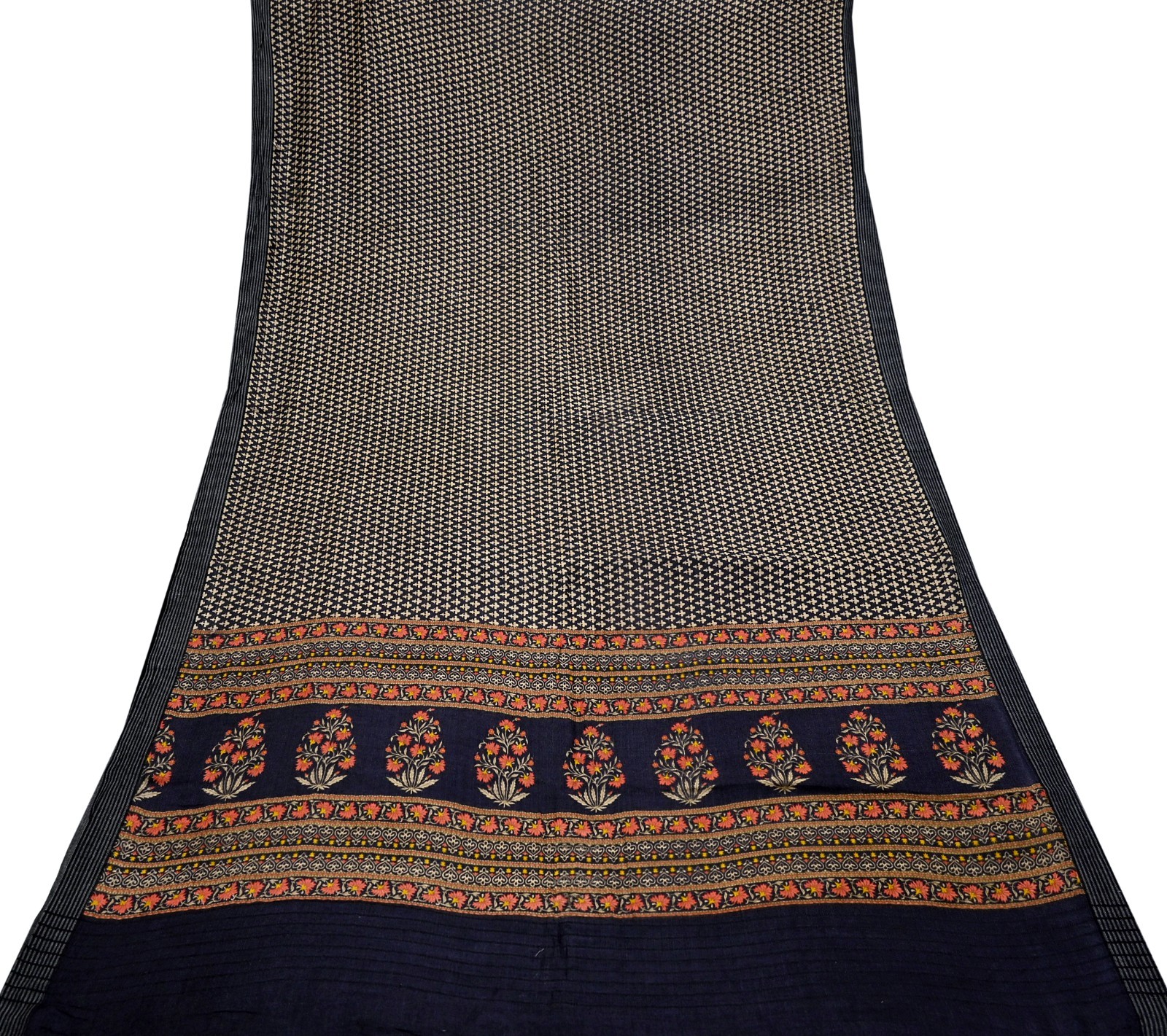 Vintage Black & Beige Saree Pure Woolen Woven Printed Sari Warm Craft Fabric 5Yd