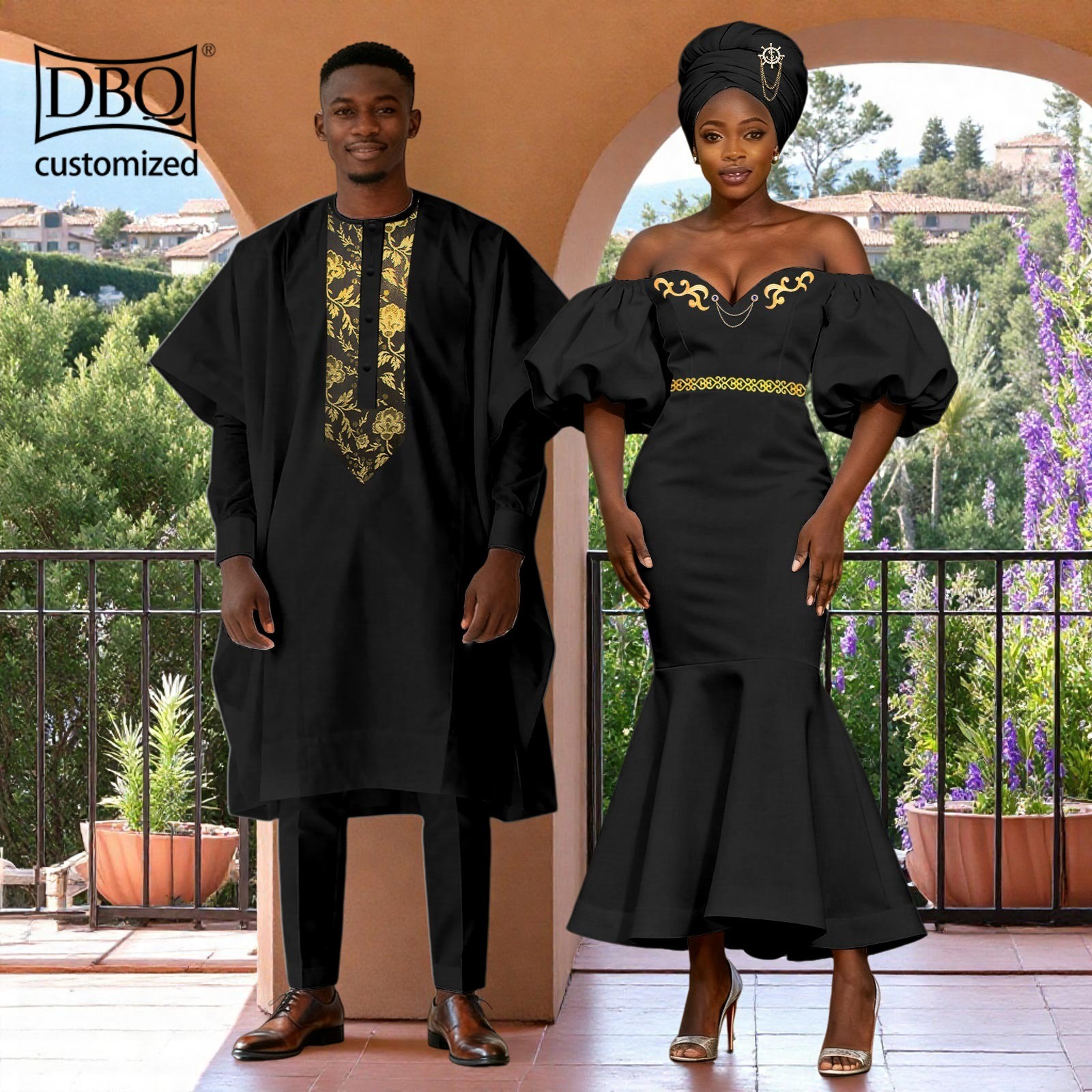 African Couple Clothes Men’s Agbada Shirt Pants Set Women Dress with Headwrap
