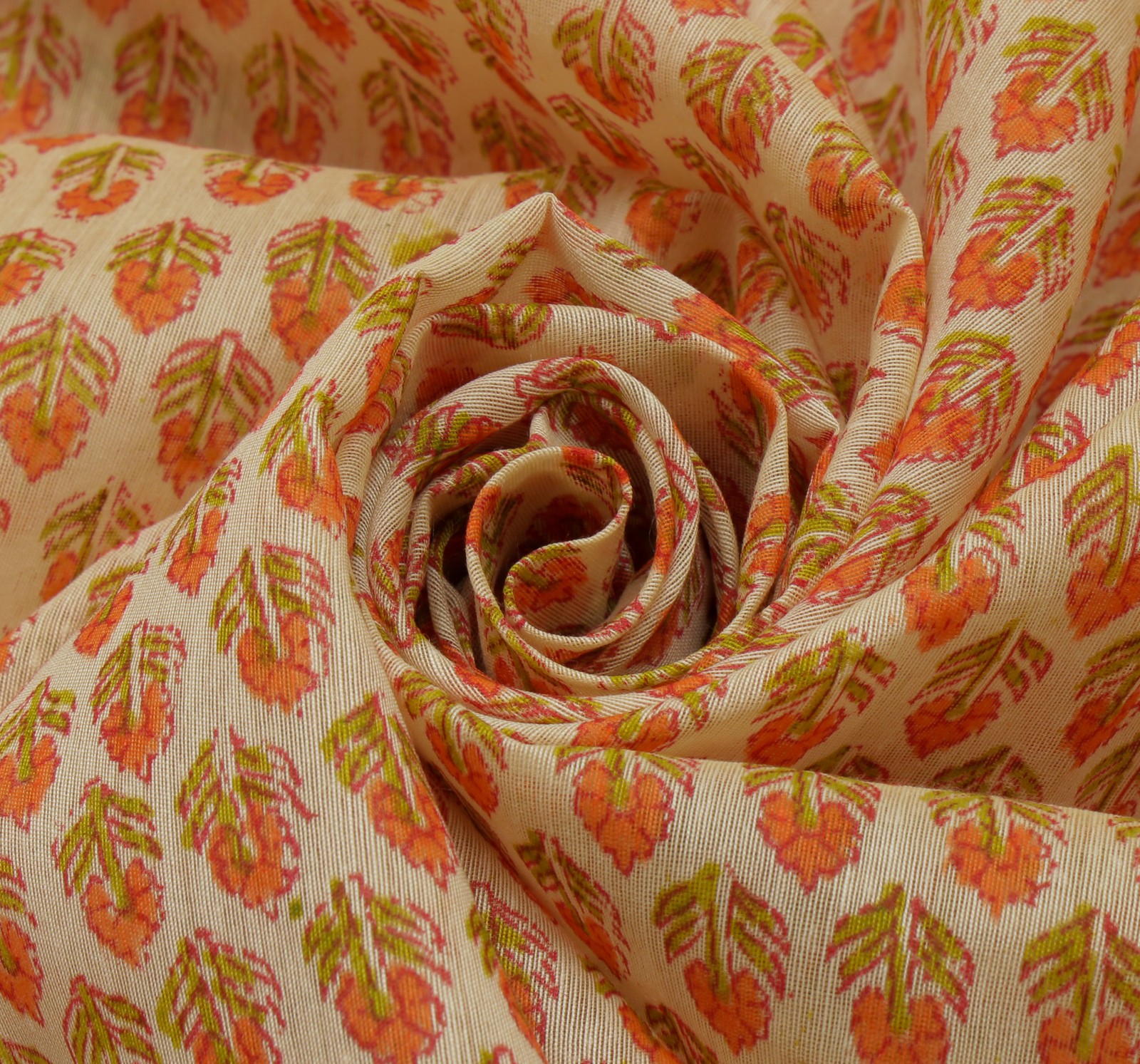 Sushila Vintage Cream Saree Blend Cotton Hand Block Printed Floral Sari Fabric