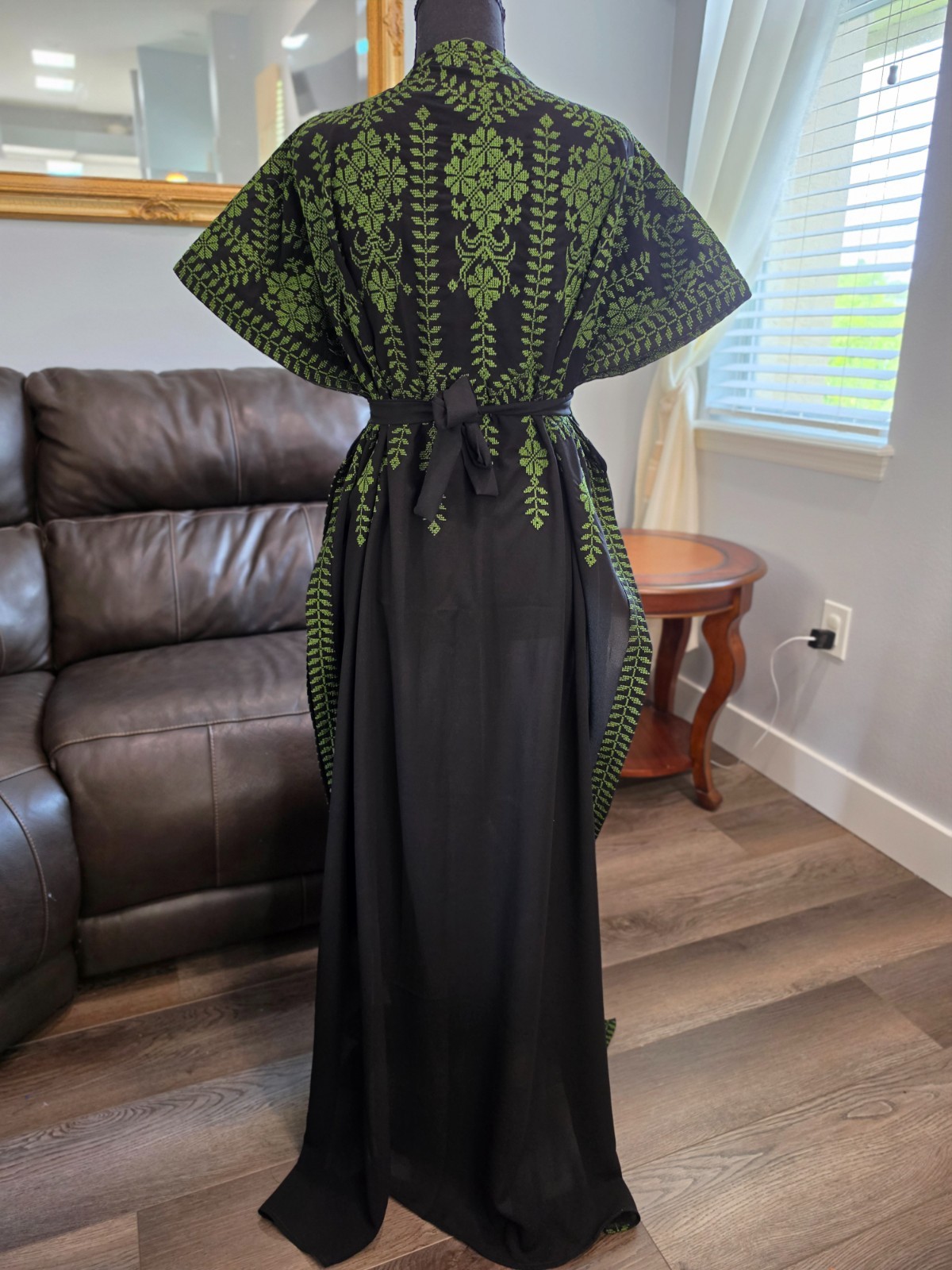 Black Palestinian Jordanian Abaya Thobe with Green tatreez Embroidery