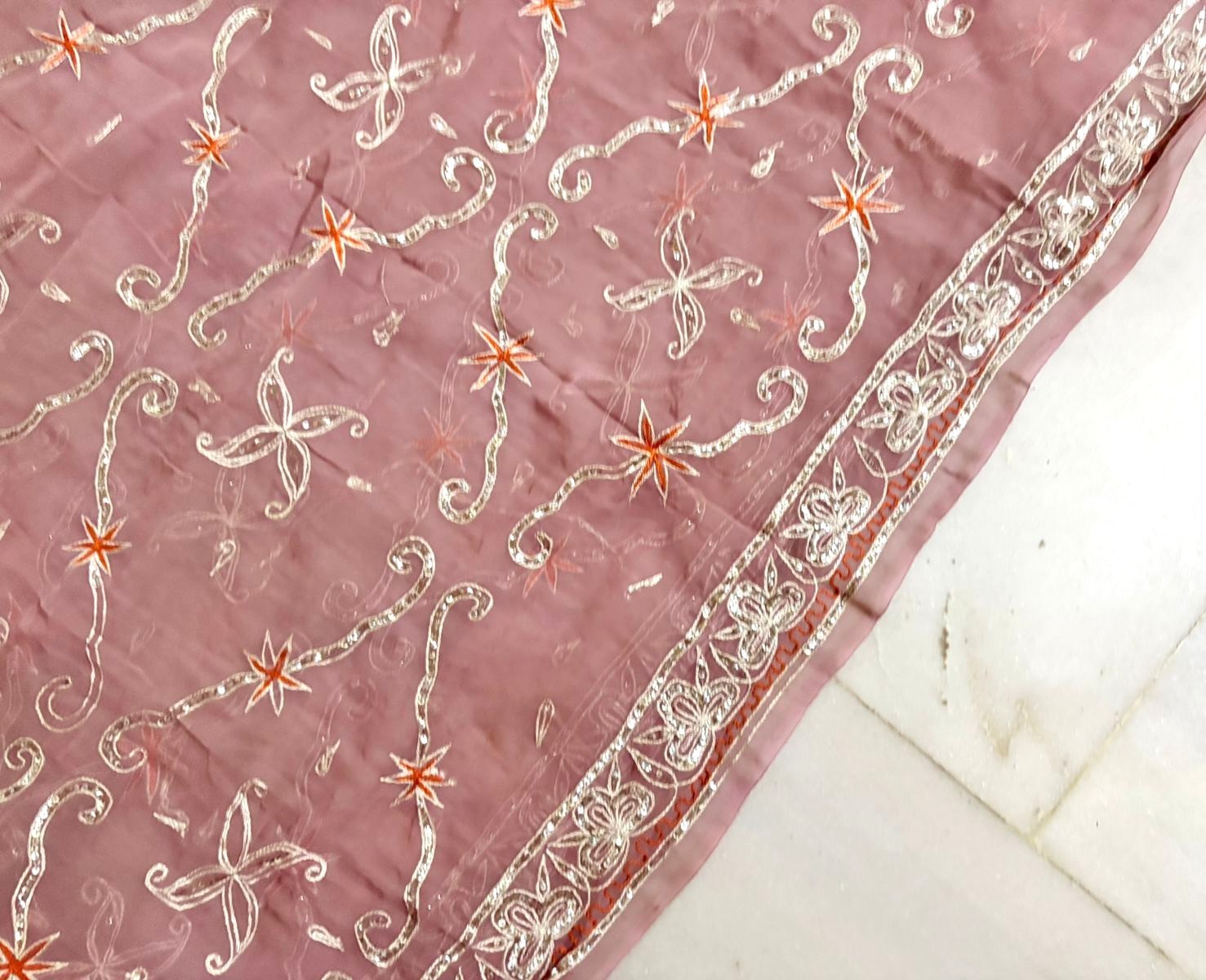 Pink Embroidered Gota Traditional Saree Georgette Recycled Fabric Vintage Dress