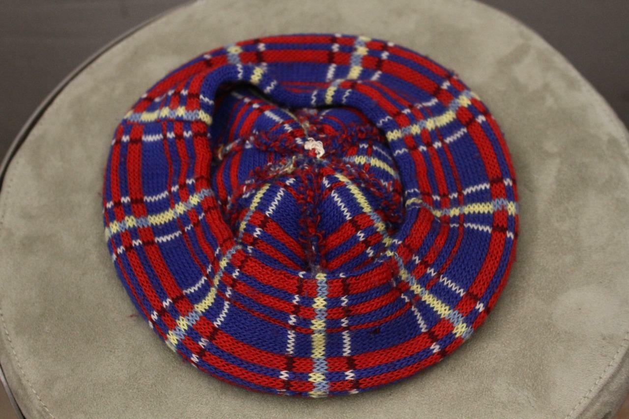 Vintage Machine Knit Scottish Blue Red & Yellow Tartan Plaid Folk Hat Tam