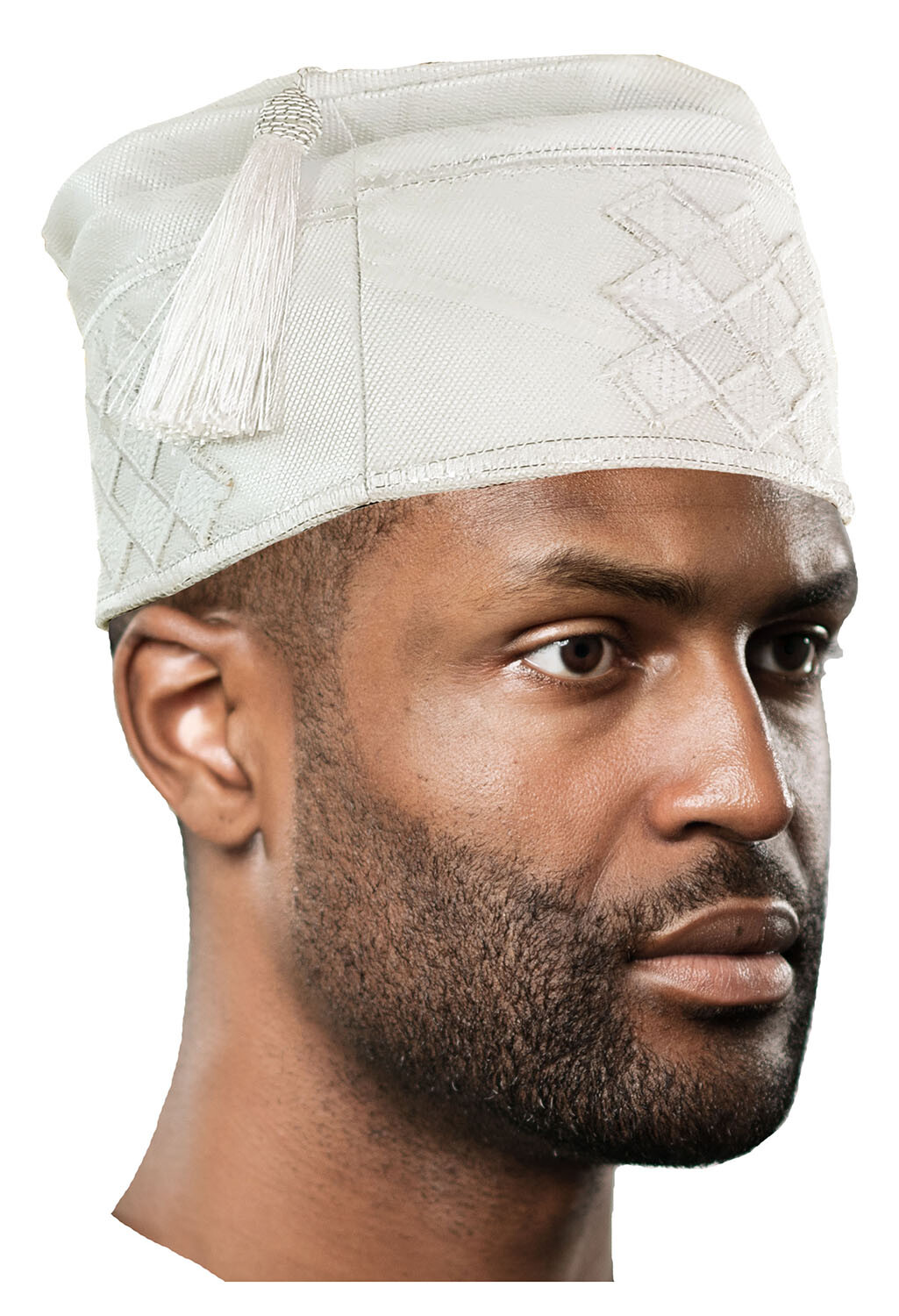 White Embroidered African Hand woven Aso Oke Hat with tassels