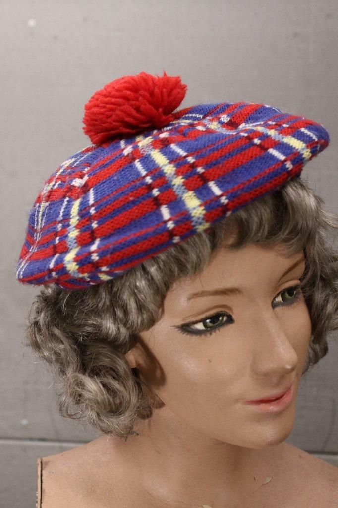 Vintage Machine Knit Scottish Blue Red & Yellow Tartan Plaid Folk Hat Tam