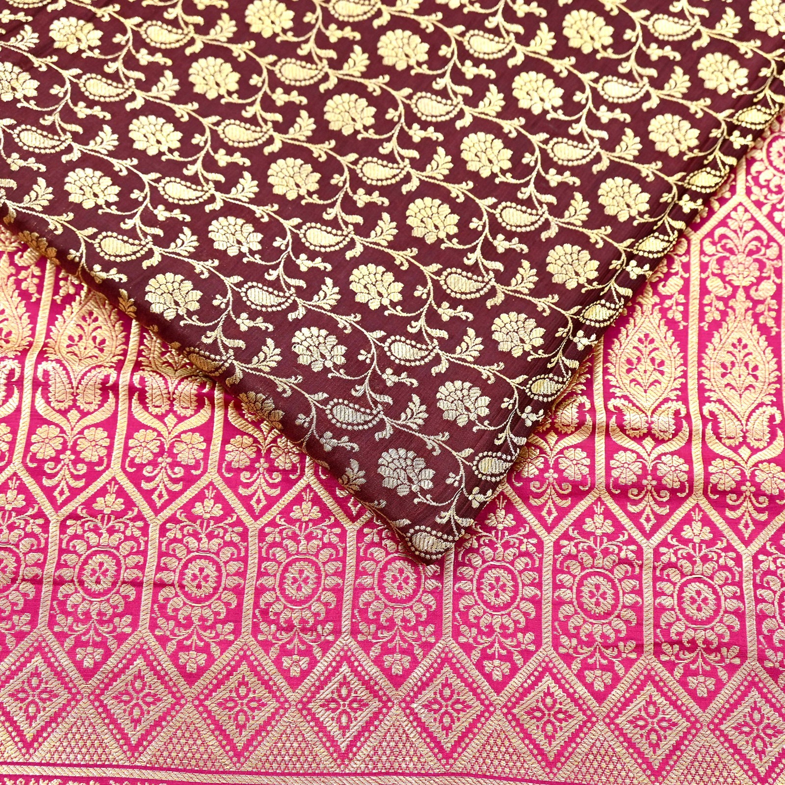 Vintage Sari Pink & Maroon Heavy Wedding Pure Satin Silk Banarasi Brocade Saree