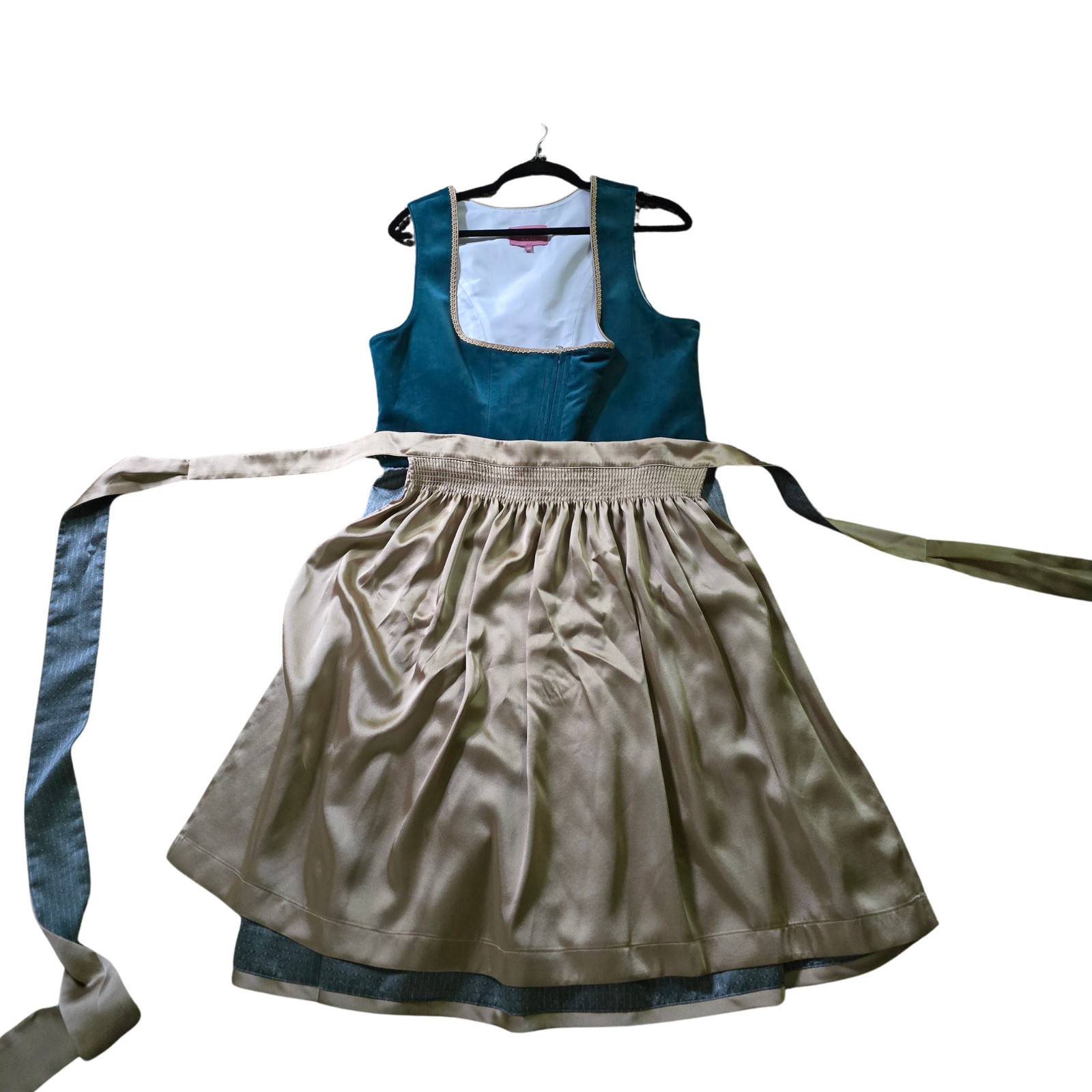 Krüger Madl Dena Dirndl Dress EUR 44 US 12 Teal Blue Apron Oktoberfest 60cm