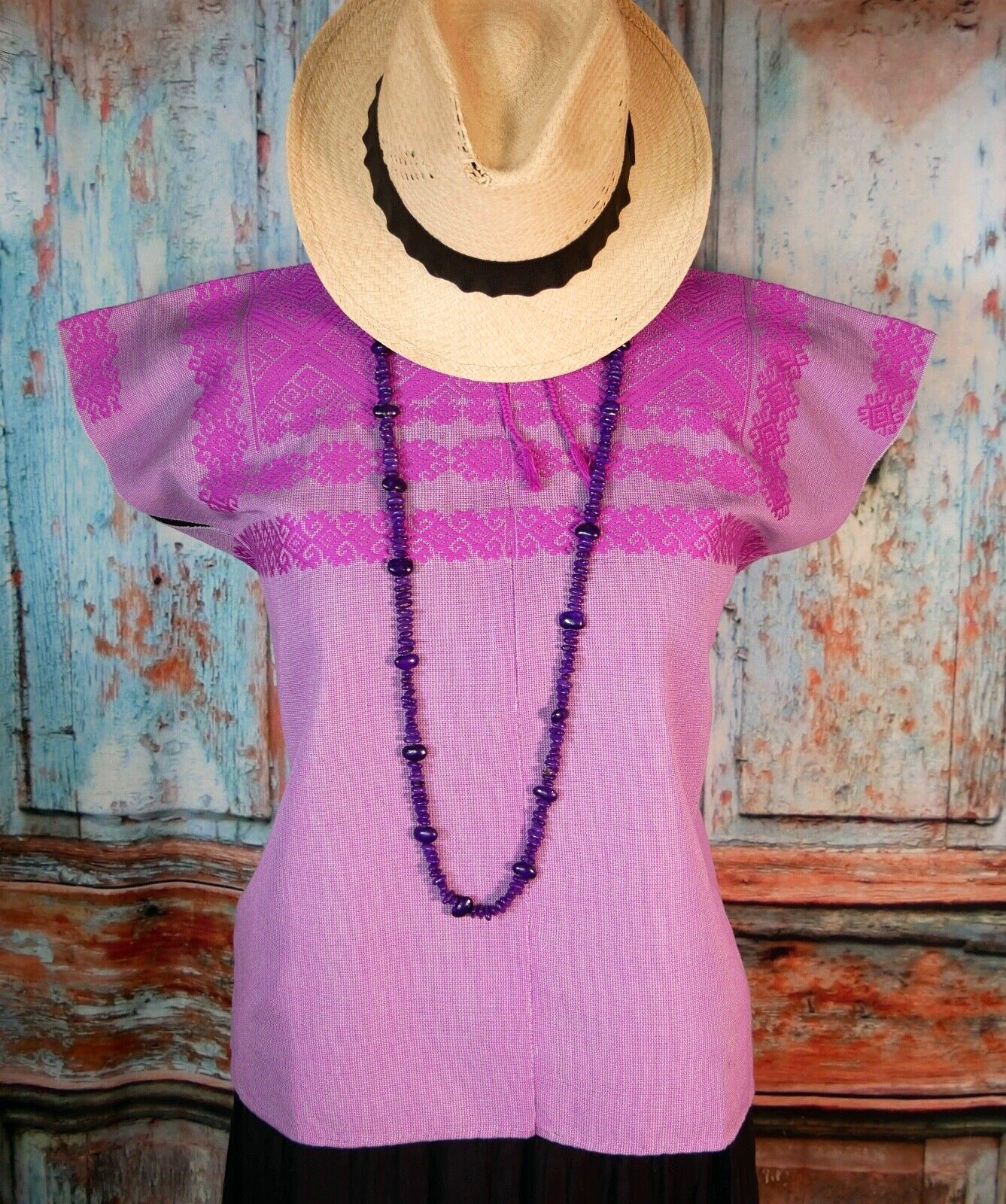 M/L Huipil Mayan Magenta Pinstripe Handwoven Backstrap Loom Chiapas Mexico Boho