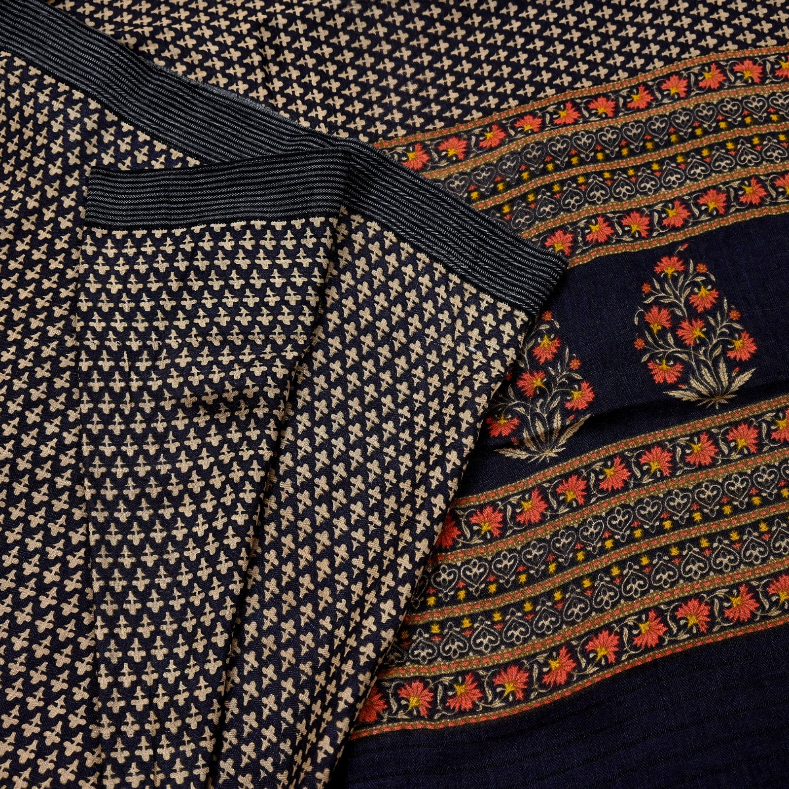 Vintage Black & Beige Saree Pure Woolen Woven Printed Sari Warm Craft Fabric 5Yd