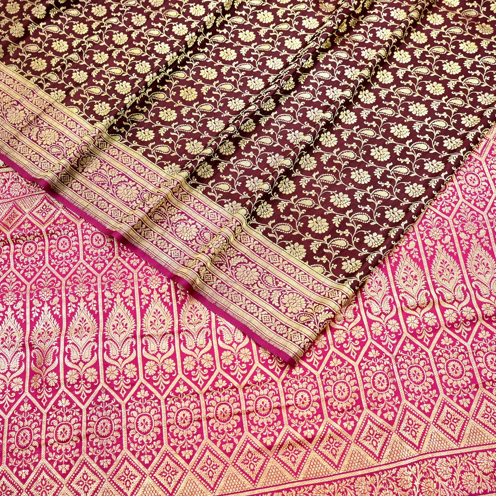 Vintage Sari Pink & Maroon Heavy Wedding Pure Satin Silk Banarasi Brocade Saree