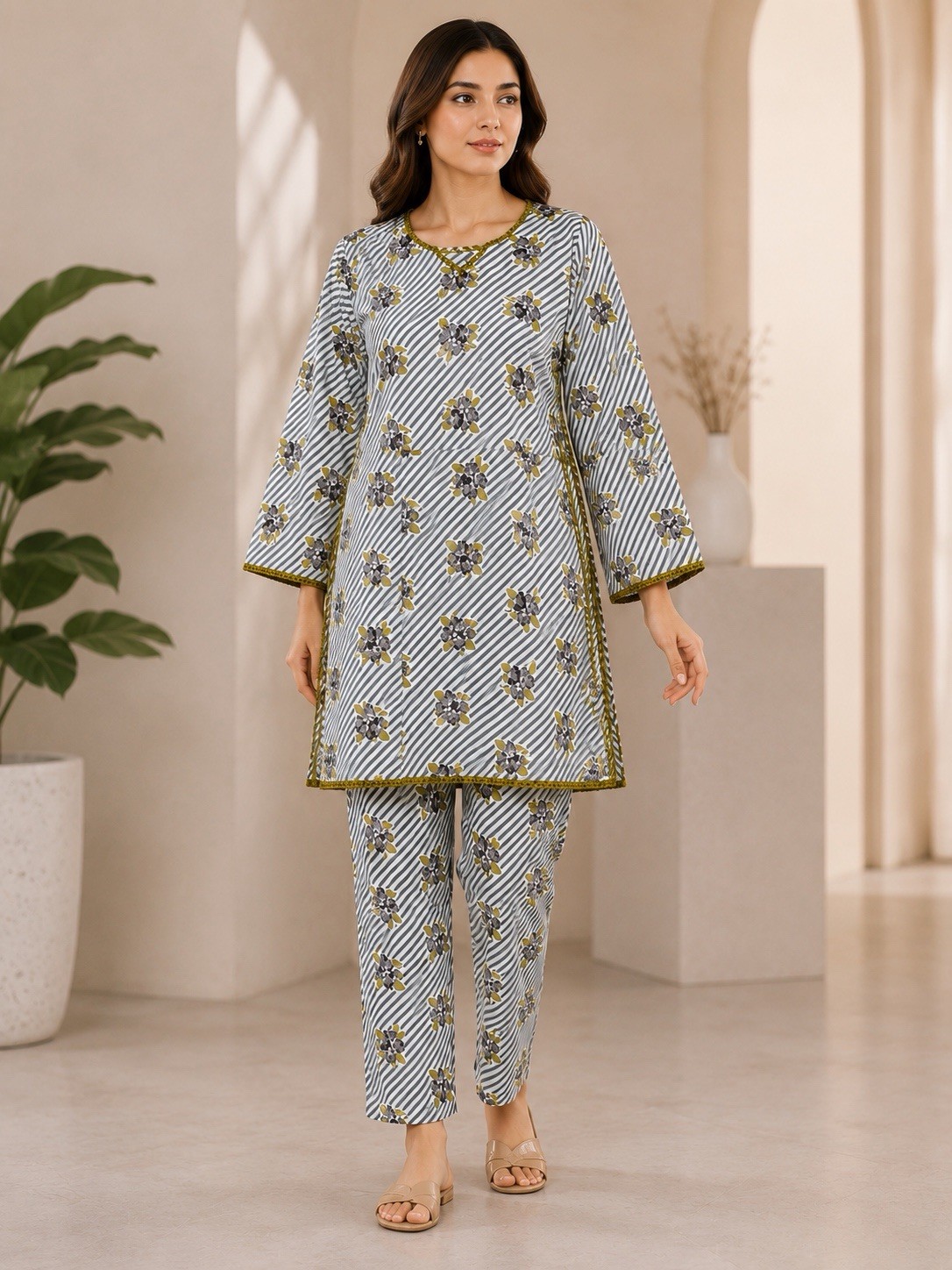 LIBAAYA WEAR Women’s 2-Piece Salwar Kameez Set Gray Striped Floral One Size