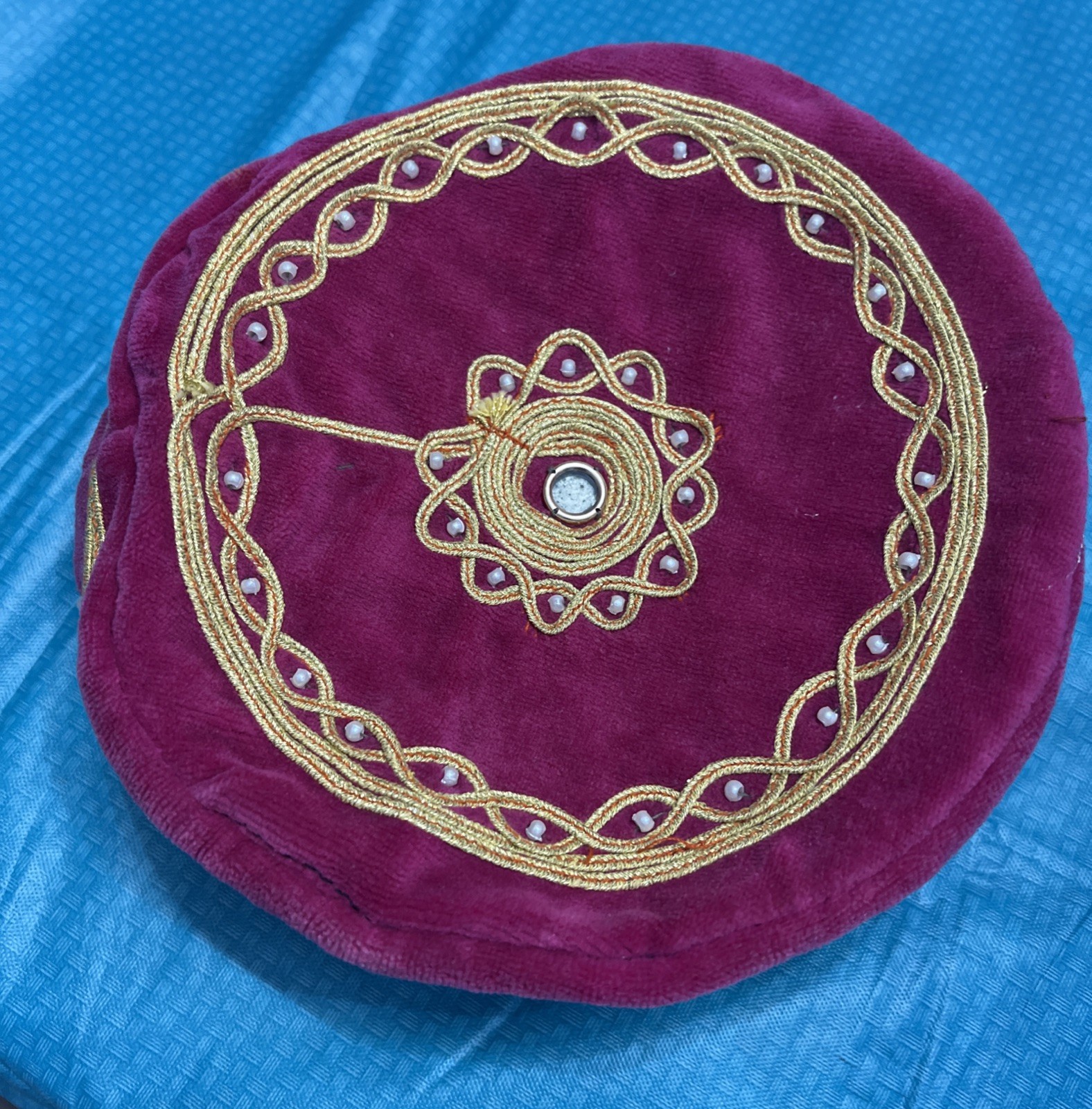 Vintage Velvet Embroidered Turkish Islamic Hat Kufi Gold Thread Mirror Bead