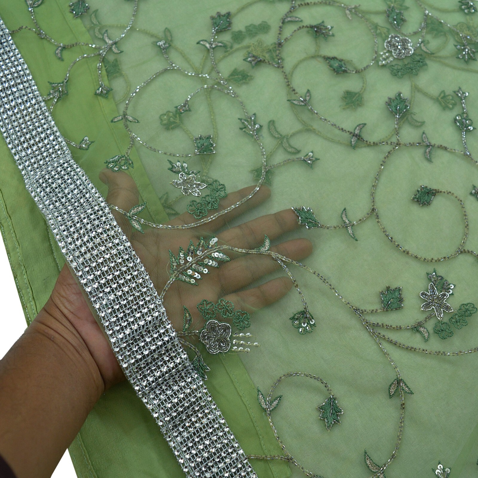 Vintage Heavy Saree Green Net/Mesh Hand Embroidered Sari Fabric 5Yd Sewing Dabka