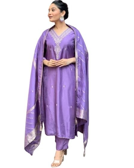 Women’s Kurta, Pant & Dupatta Set in Viscose Chanderi & Jute Silk, Ankle Length