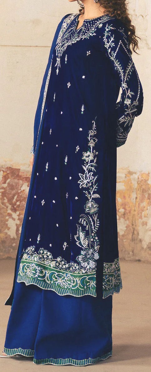 Maryum & Maria Women’s Micro Velvet Deep Blue Salwar Kameez w/ Dupatta – Medium