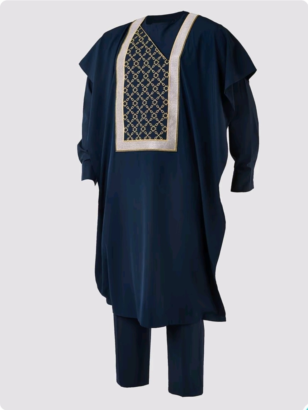 Mens Agbada 3 Piece Blue Long Sleeve Round Neck Shirt African Suit Clothing SZ L