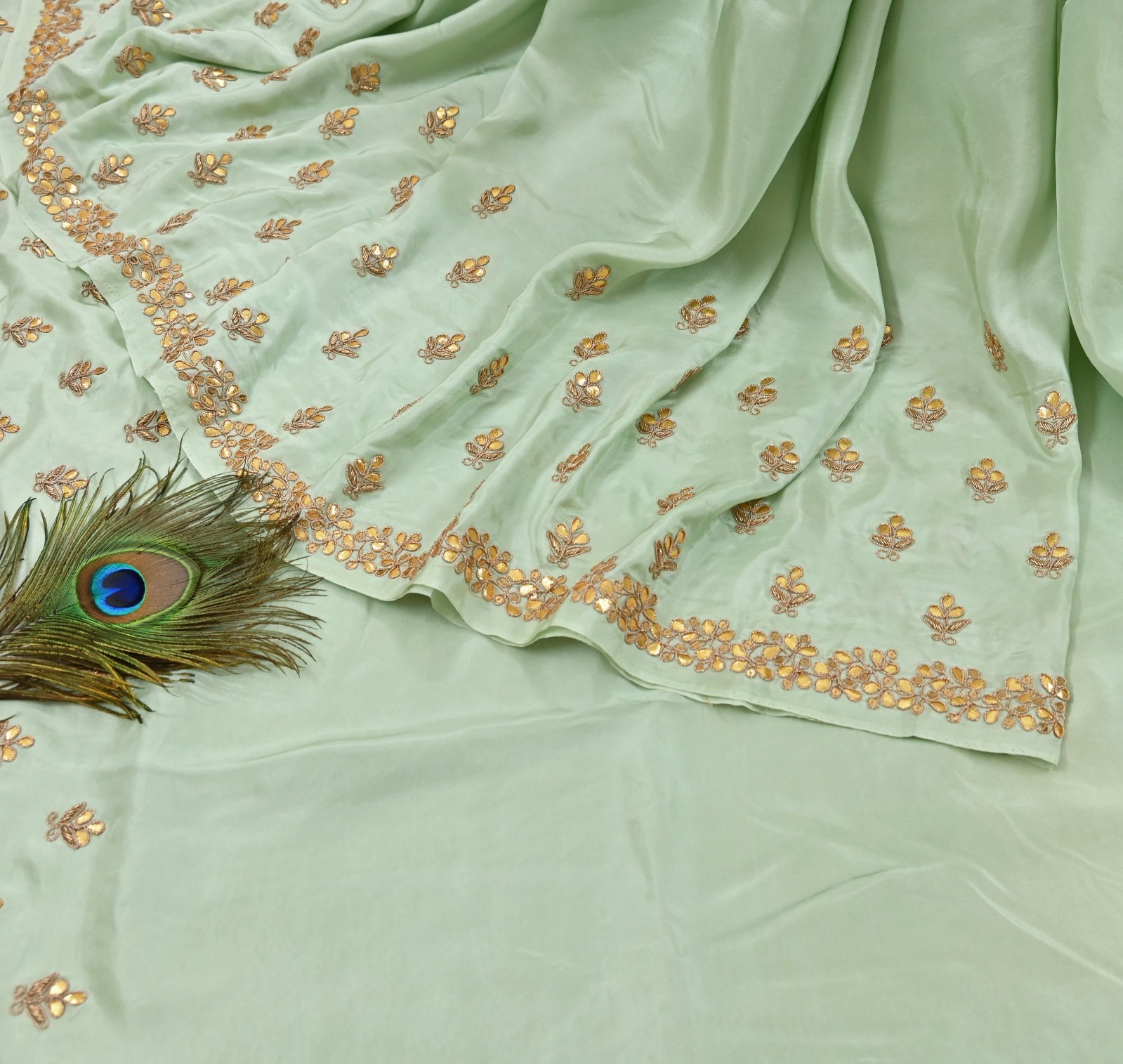 Rare Vintage Pista Green Pure Silk Zardozi Gota Hand Embroidered Designer Saree