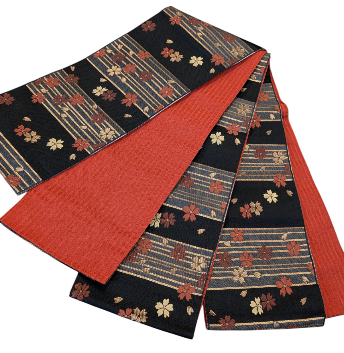 Japanese Kimono Half Obi Black Red Gold Sakura Cherry Stripes Washable Material