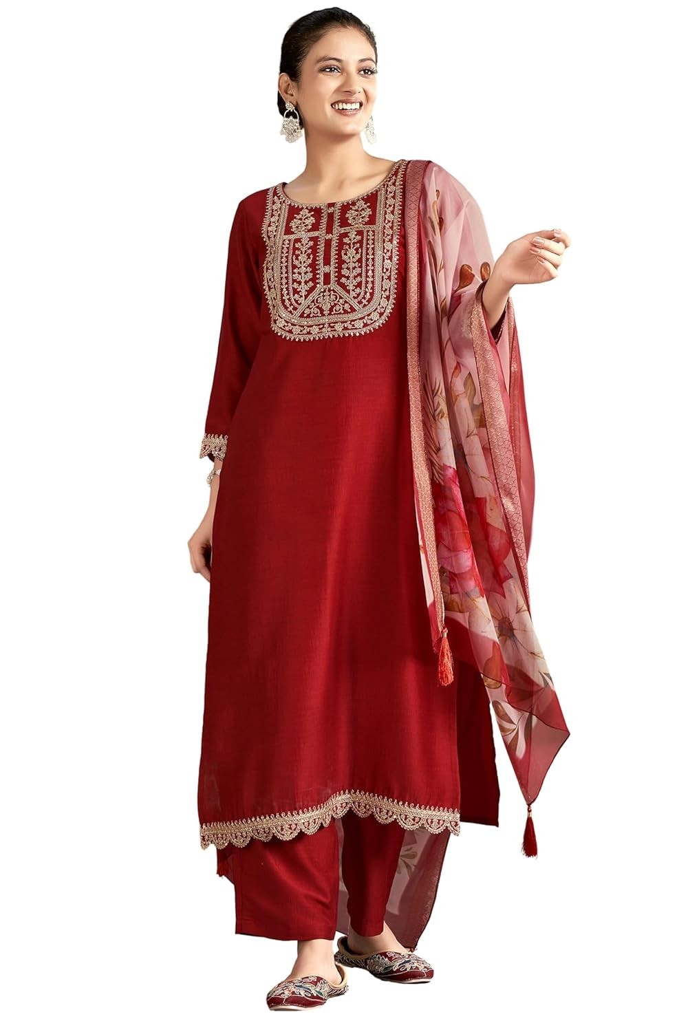 Women’s Solid Chinon Embroidered Kurta and Pant with Dupatta Set