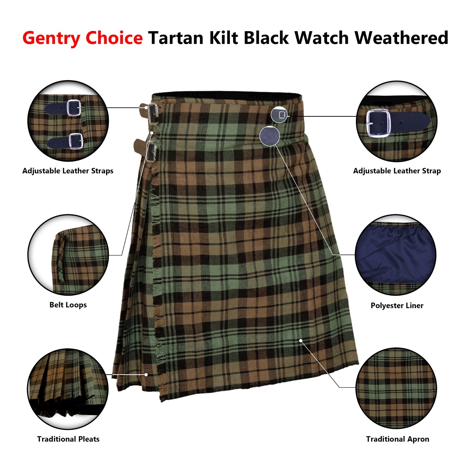 Mens Scottish Tartan Kilt Black Watch Weathered 8 Yards Highlanders Wedding Kilt