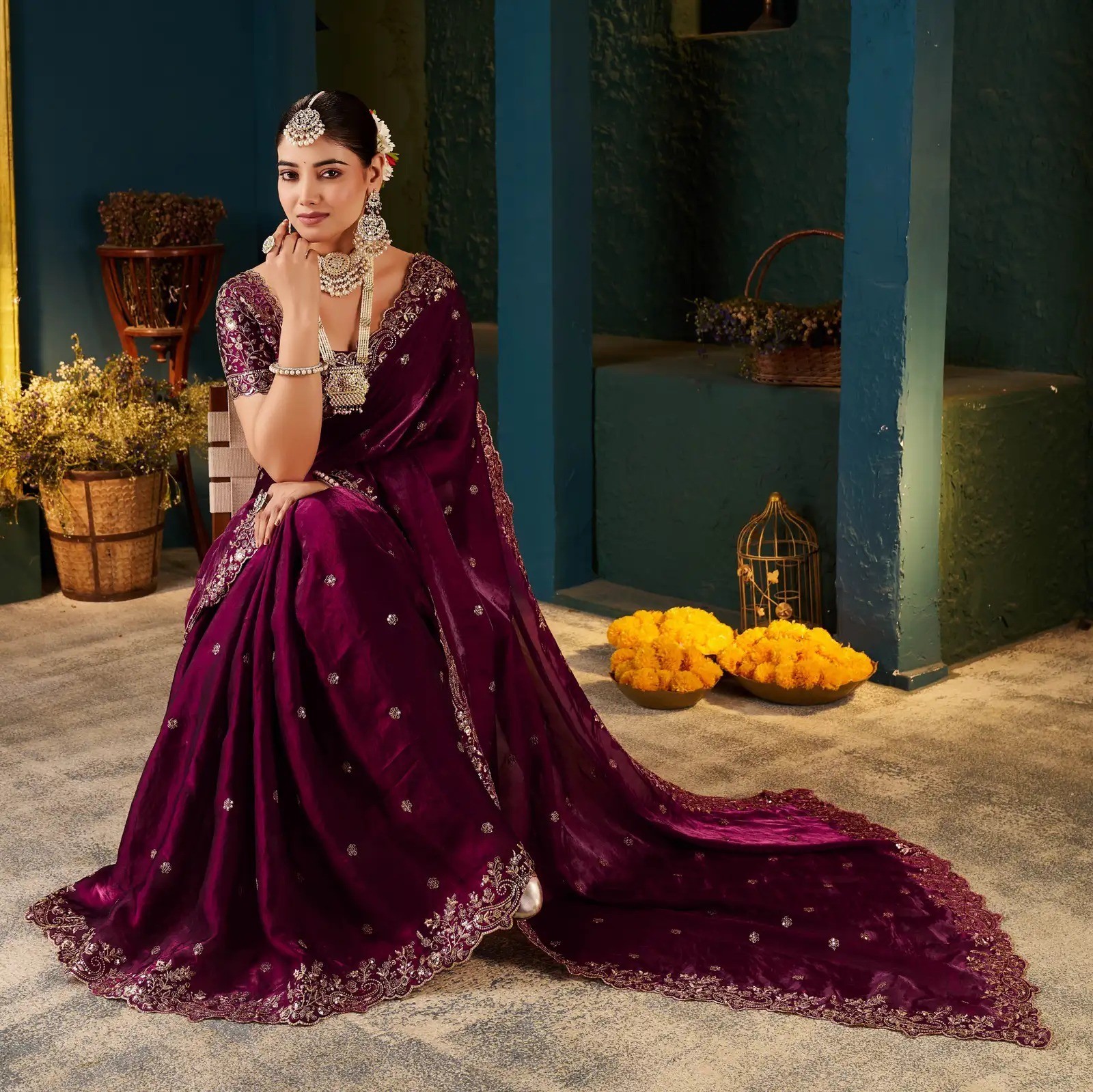 Sari Blouse Indian Women Silk Wine Color Saree Bollywood Designer Wedding Sarees