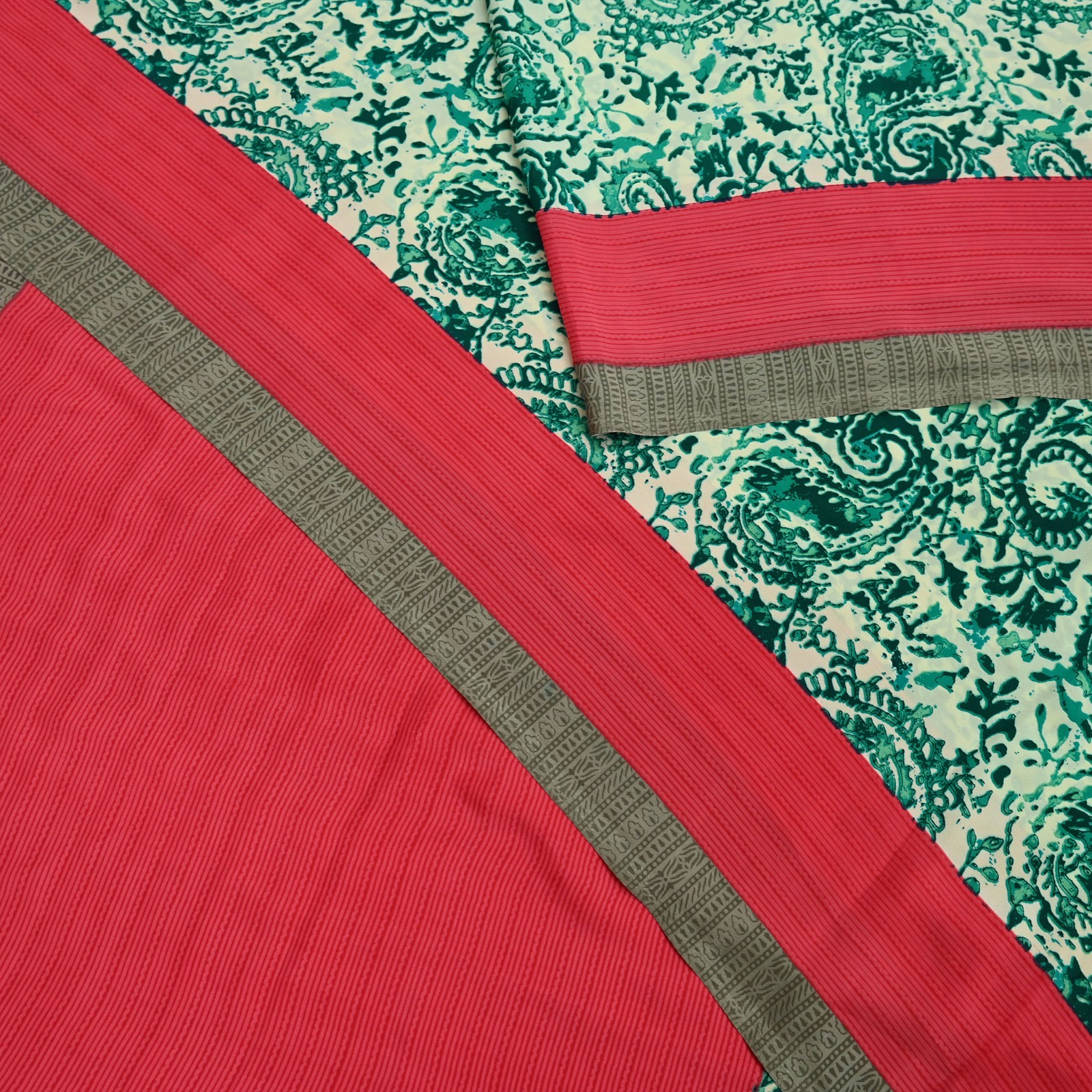 Indian Vintage Sari Pink & Ivory Moss Crepe Printed Sarees 6yd Craft Fabric soft