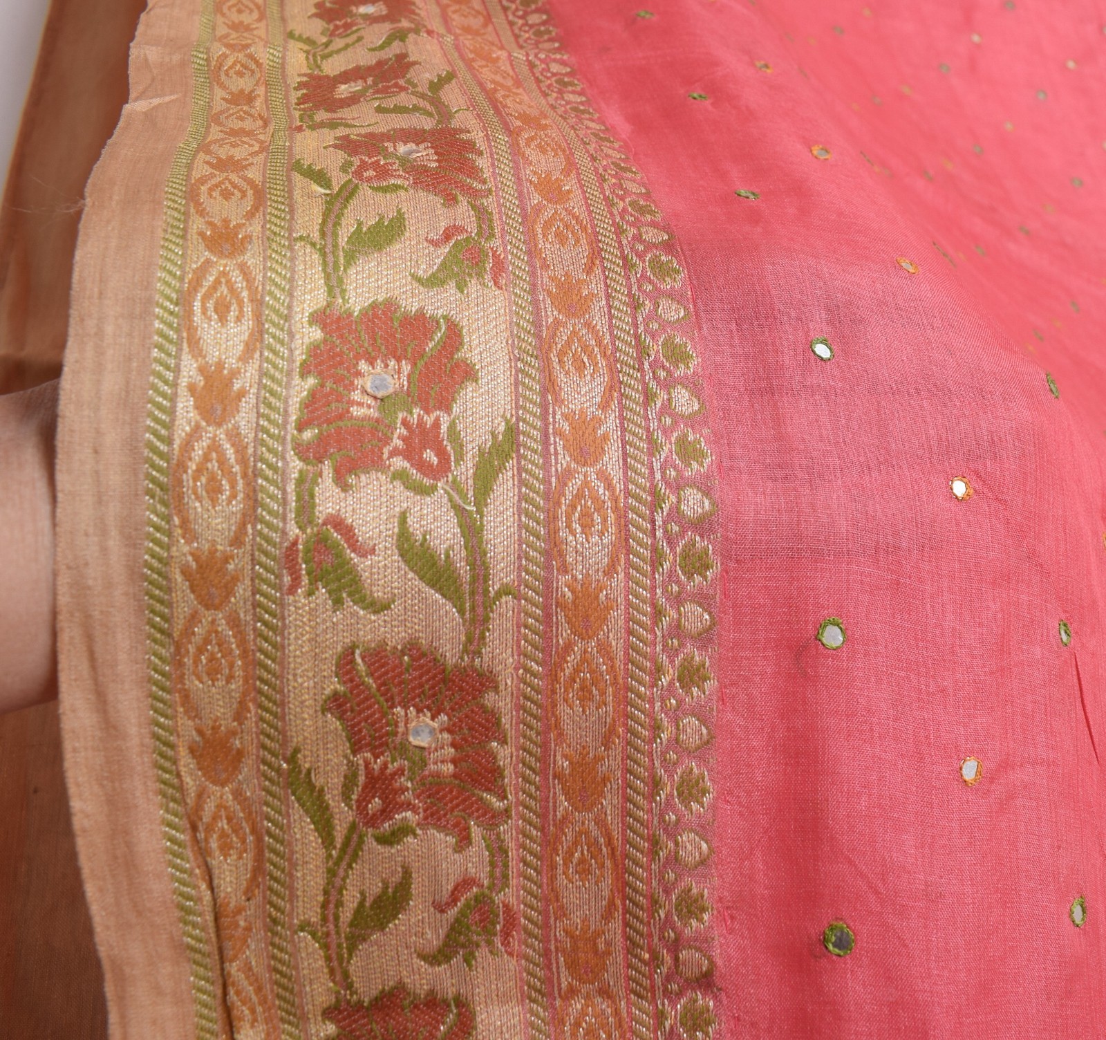 Sushila Vintage Pink Saree 100% Pure Tussar Silk Woven Mirror Work Sari Fabric