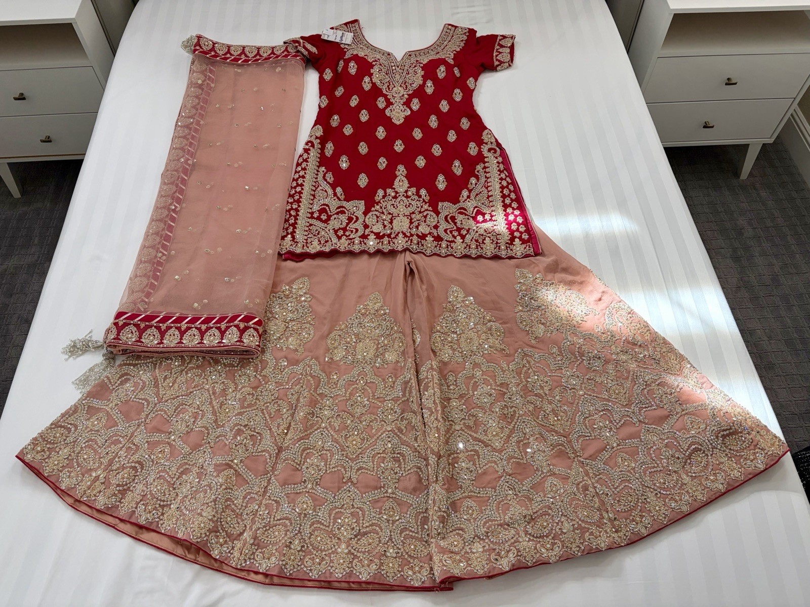 Red & Peach Embroidered Indian Sharara Suit Fits M-L