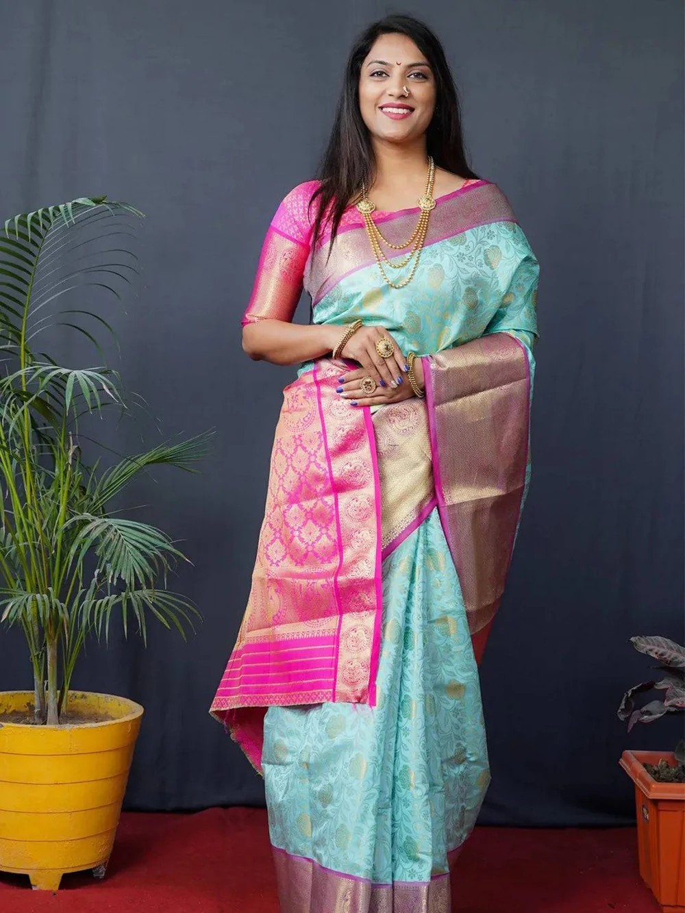 Women Saree BlueFloral Zari Banarasi Kanjivaram Silk Blue Party Wear With Blouse