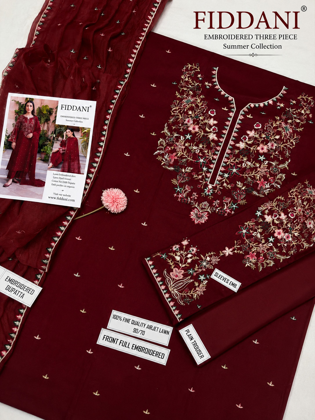 Fiddani Unstitched Pakistani Embroidered Lawn 3PC Suit Cotton Net Dupatta