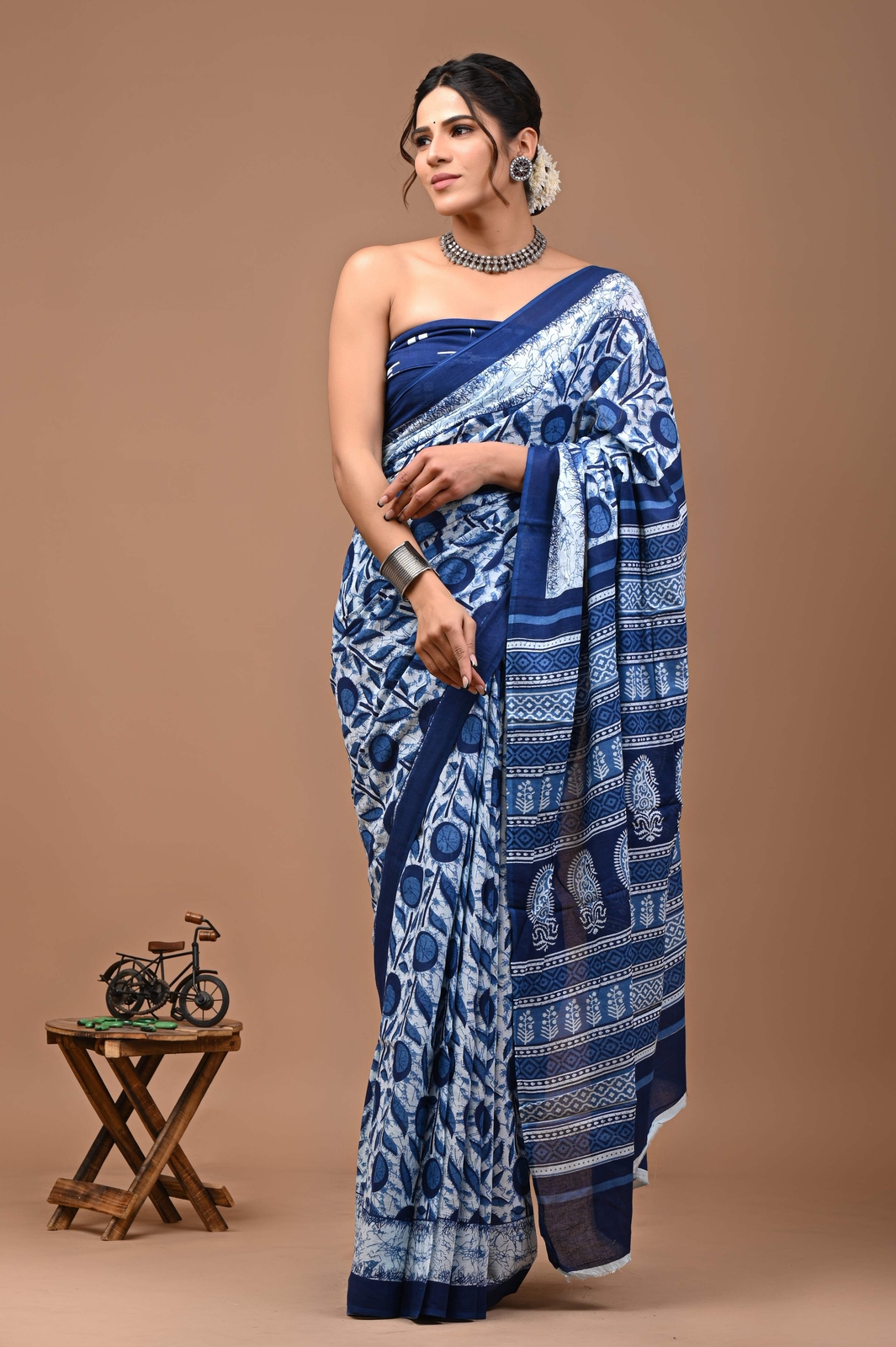 Indian Printed Blue Pure Cotton Mulmul Saree With Blouse, 5.50 Meter Sari