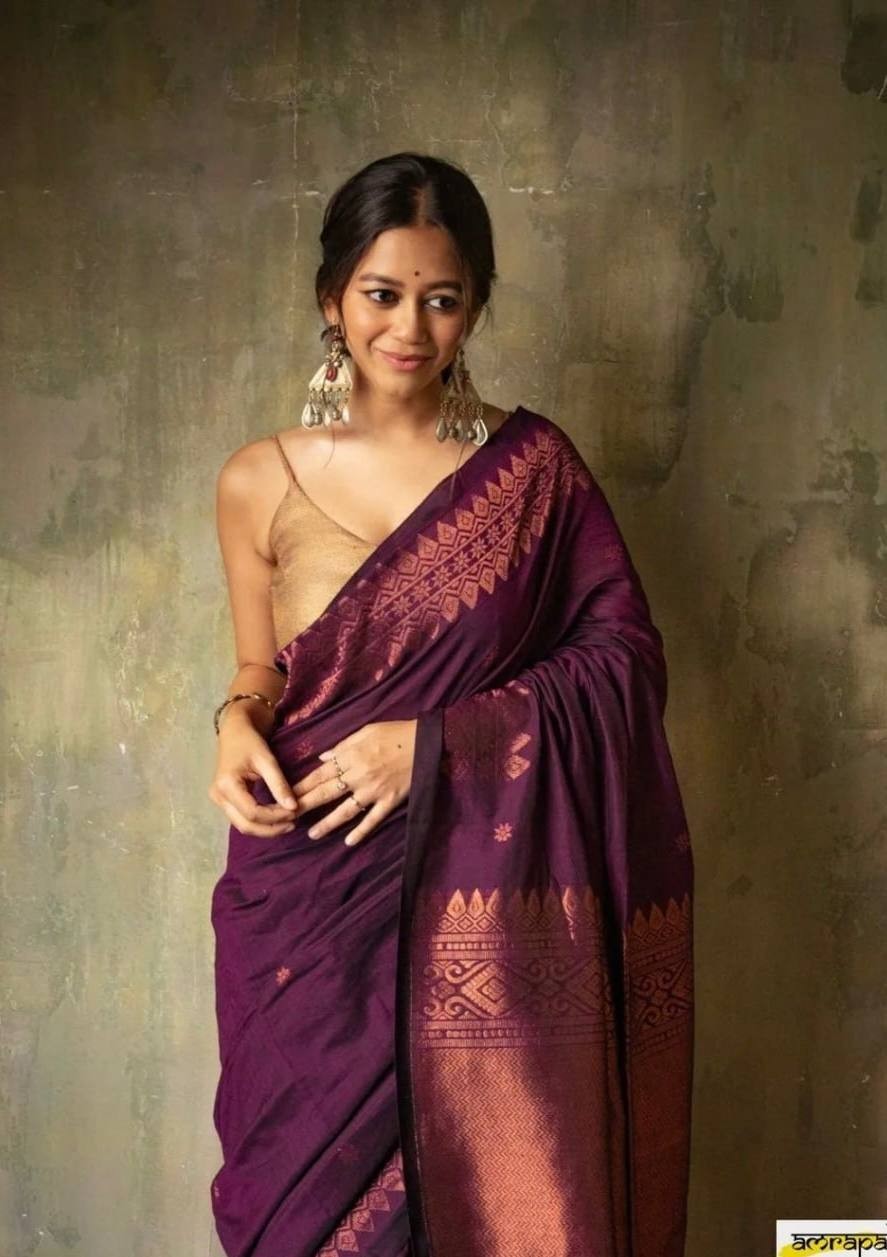 Purple Soft Lichi Silk Saree with Copper Zari & Rich Pallu Jacquard Work
