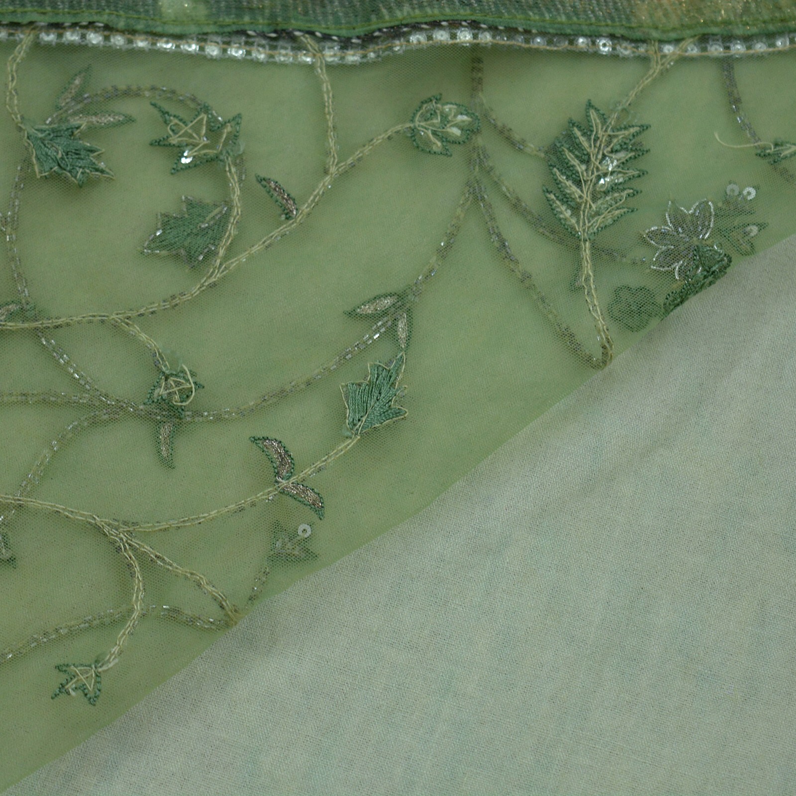 Vintage Heavy Saree Green Net/Mesh Hand Embroidered Sari Fabric 5Yd Sewing Dabka
