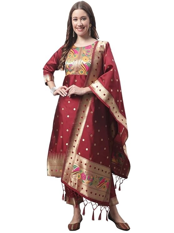 Women’s Cotton Silk Jacquard Straight Kurta with Pant & Banarasi Silk Dupatta Se