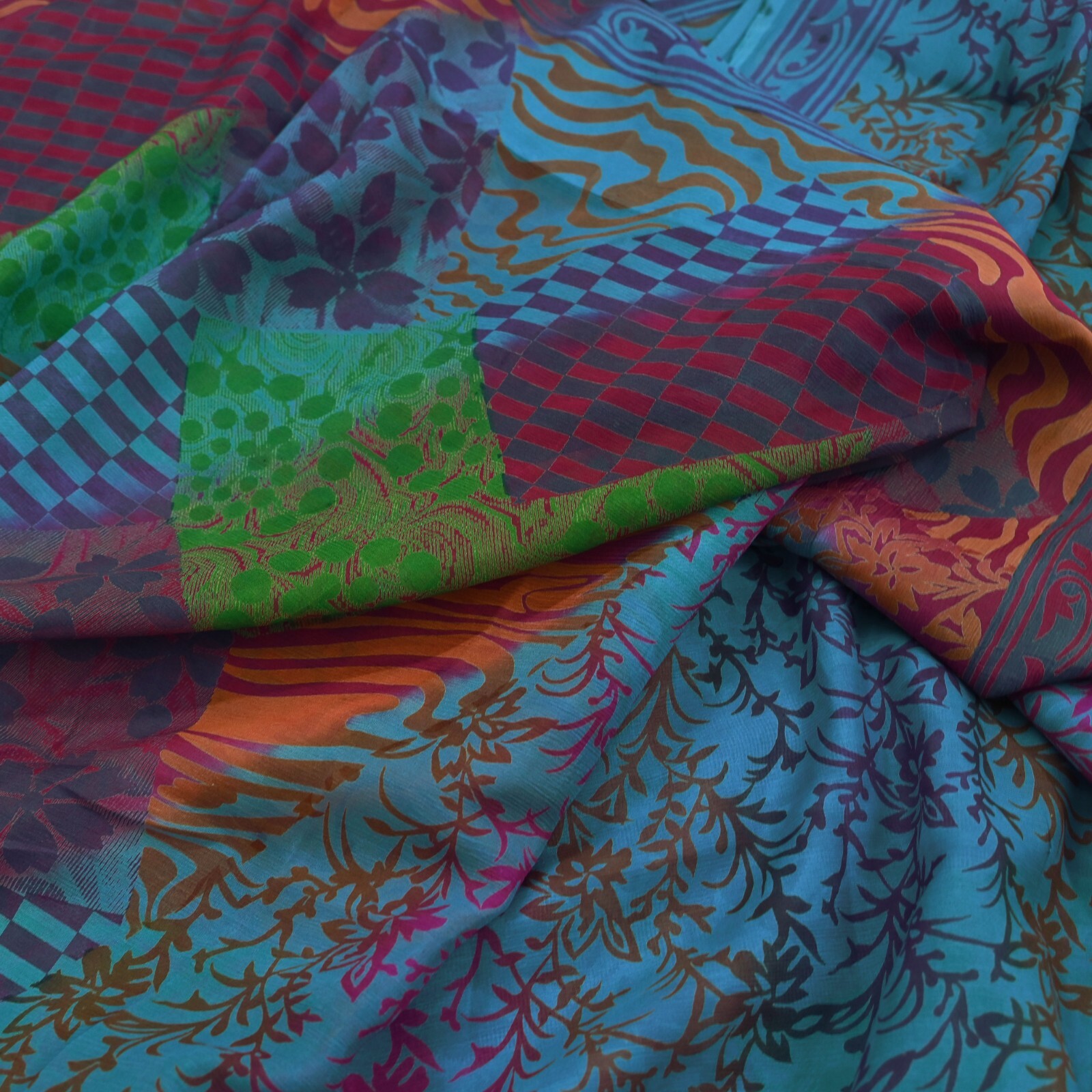 Indian Vintage Sari Blue & Purple Pure Chiffon Silk Printed Sarees Craft Fabric