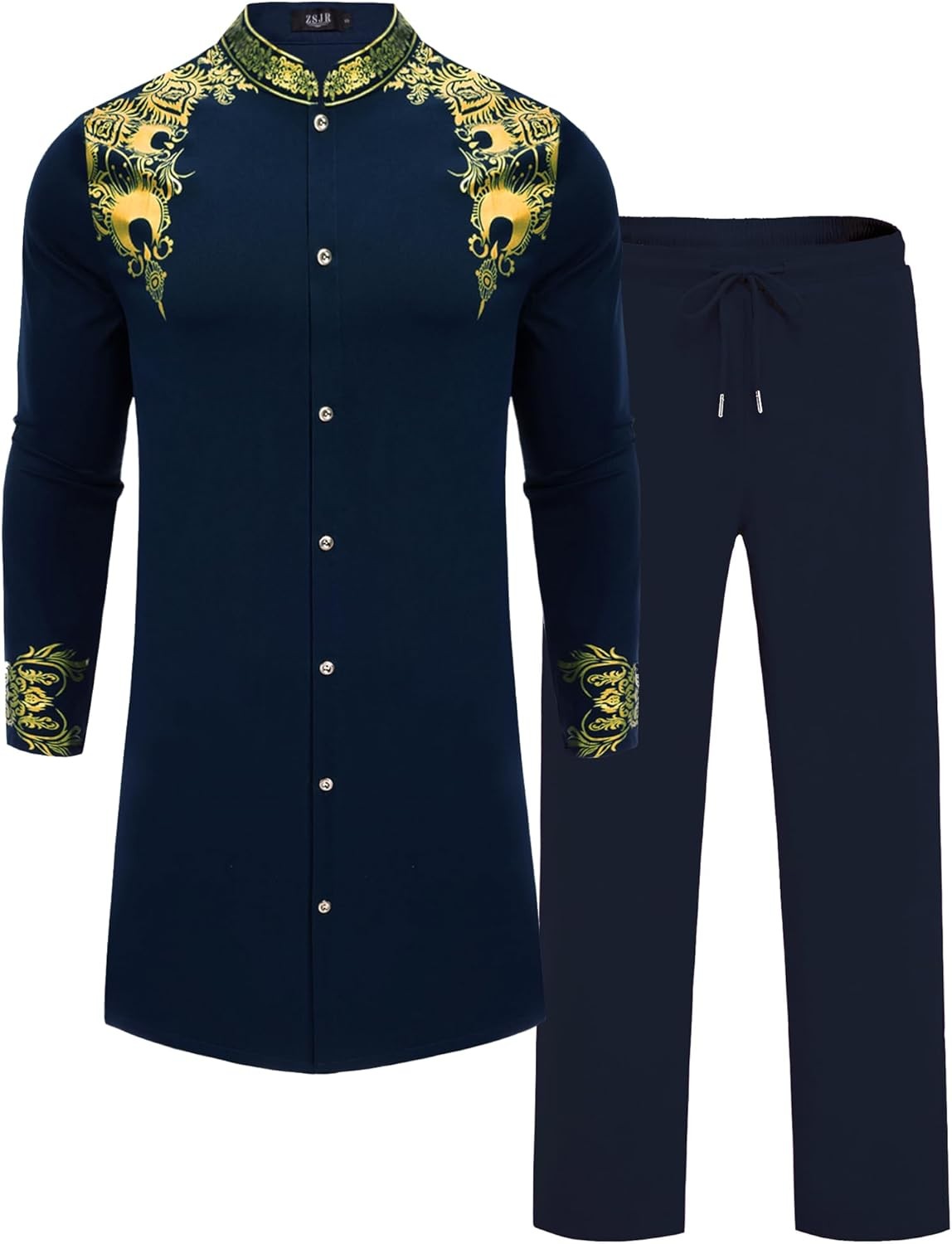 Mens Long African 2 Piece Set Nigerian Dashiki Metallic Traditional Suit