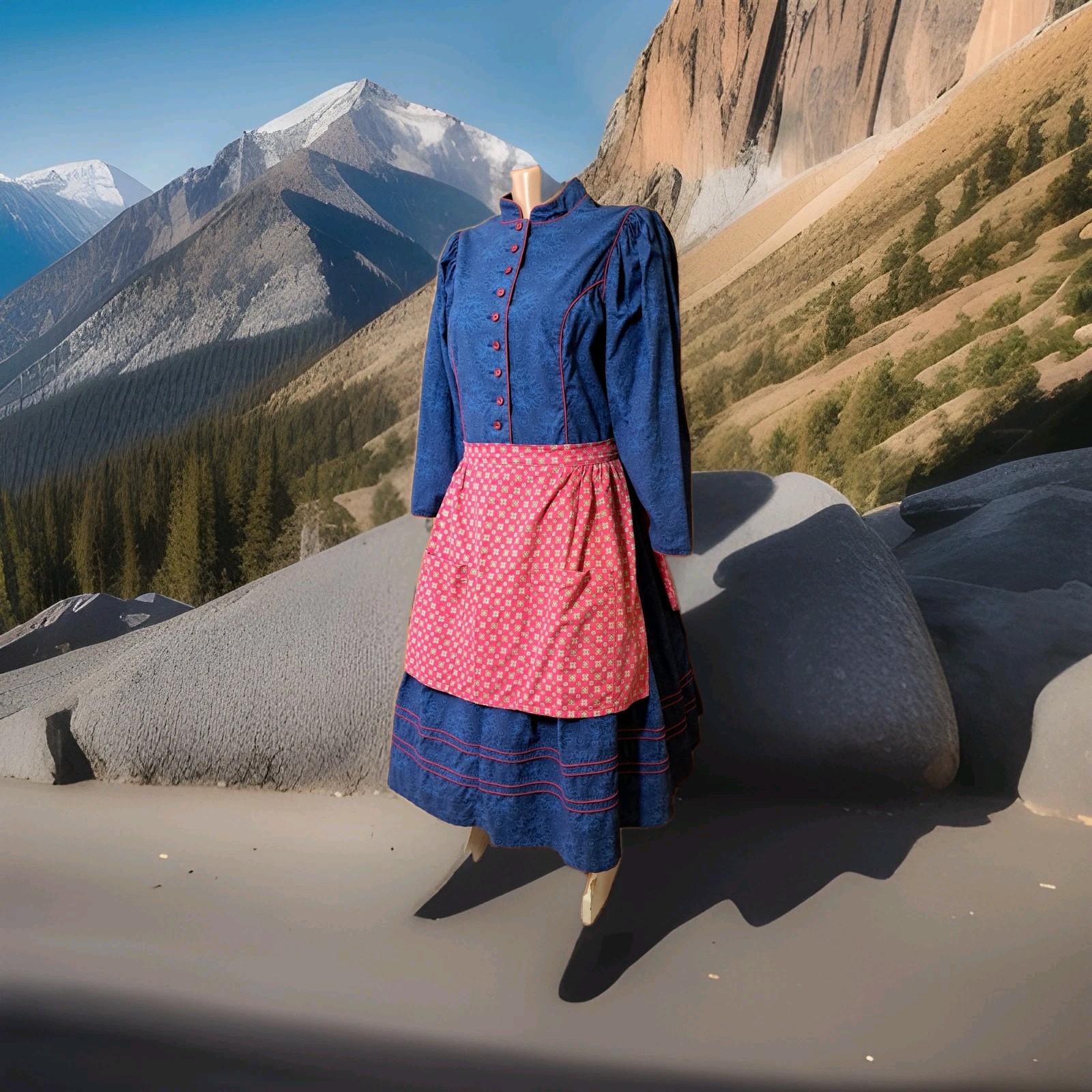 Vtg Isola Trachten Austria Blue Cotton Dirndl Dress Apron Oktoberfest EU44 M/ L