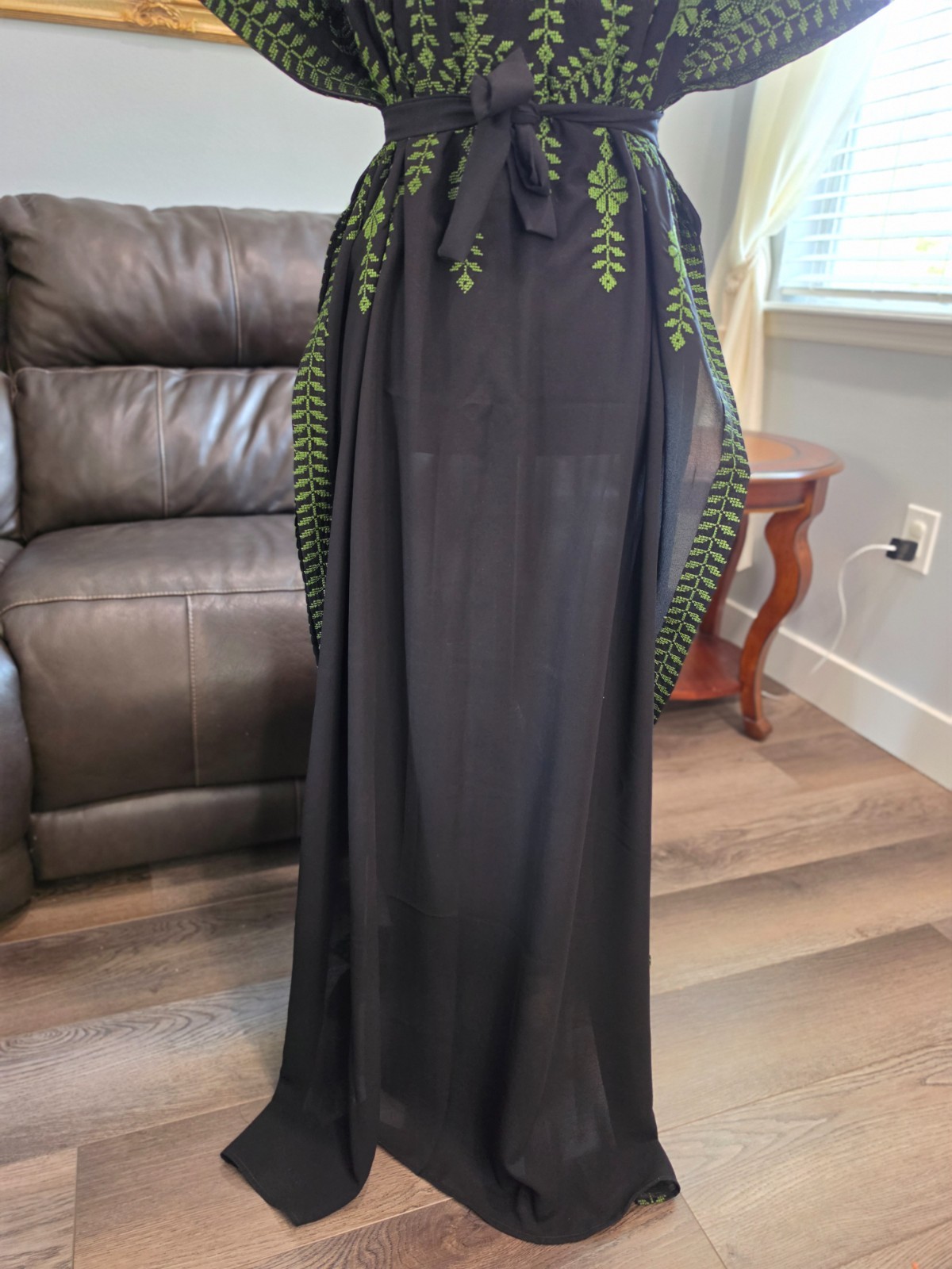 Black Palestinian Jordanian Abaya Thobe with Green tatreez Embroidery