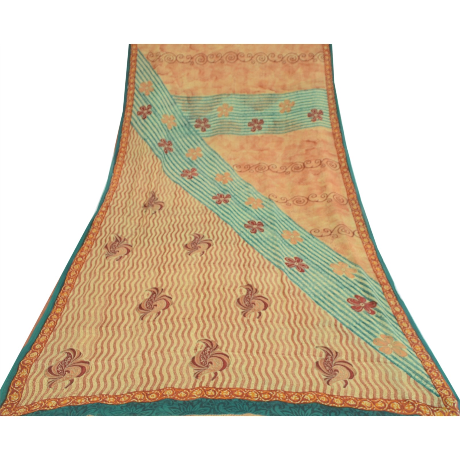 Sanskriti Vintage Cream/Red Sarees Pure Georgette Printed Sari 5Yd Craft Fabric