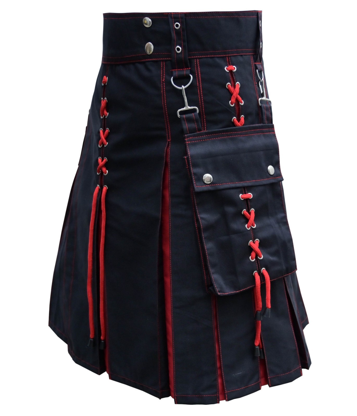 Handmade Men’s Black Red Hybrid Utility Kilt Heavy Cotton Scottish Custom Size