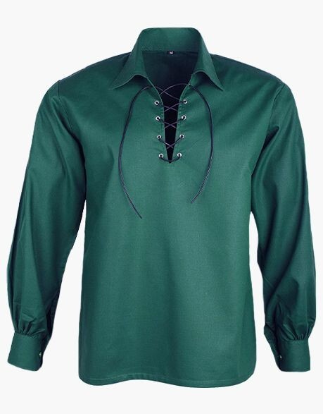 Men Sea Green Scottish Jacobite Ghillie Kilt Highland Shirt Long Sleeve Lace Up