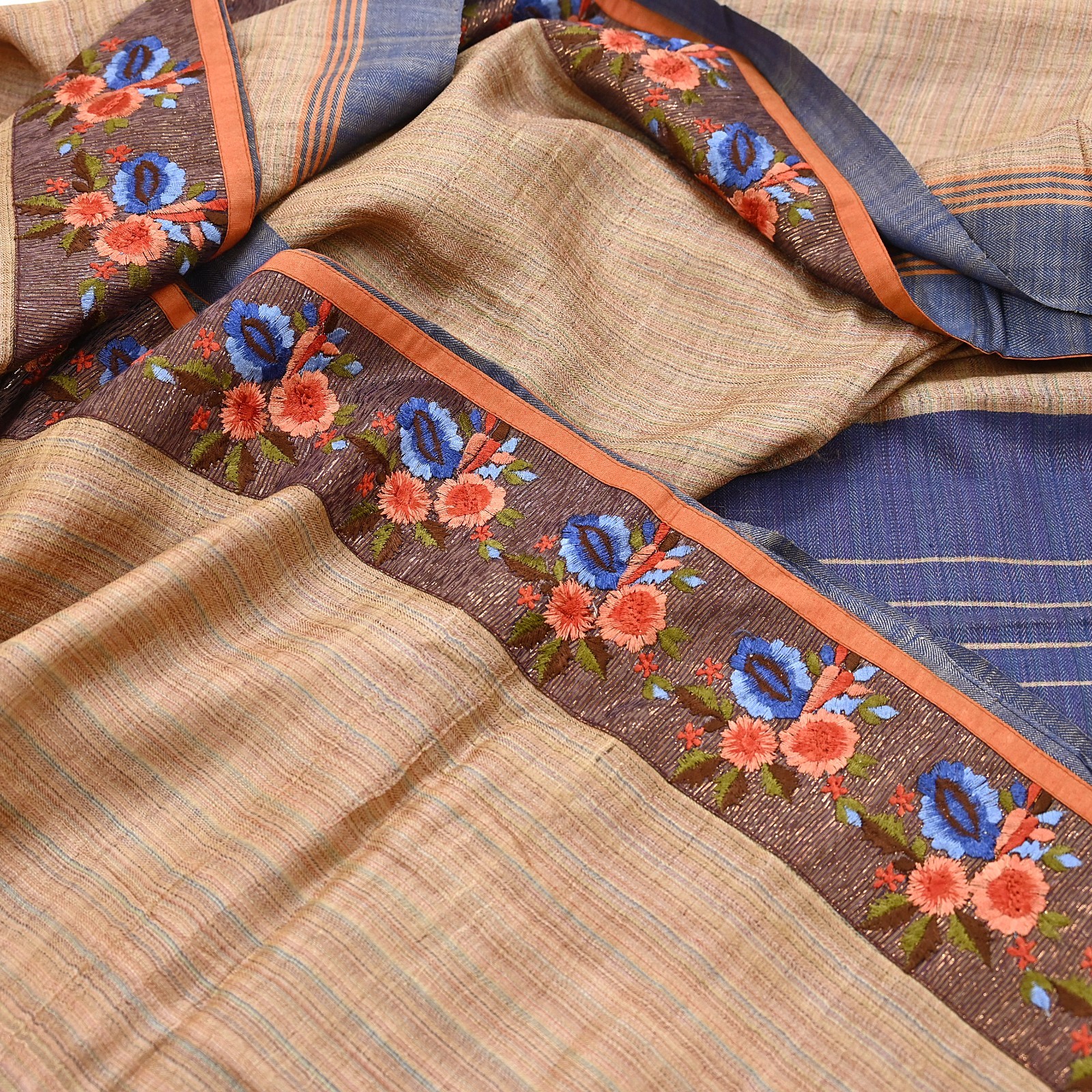 Vintage Blue beige Green Wool Saree Indian Pure Wool Floral Woven Fabric 5 Yard