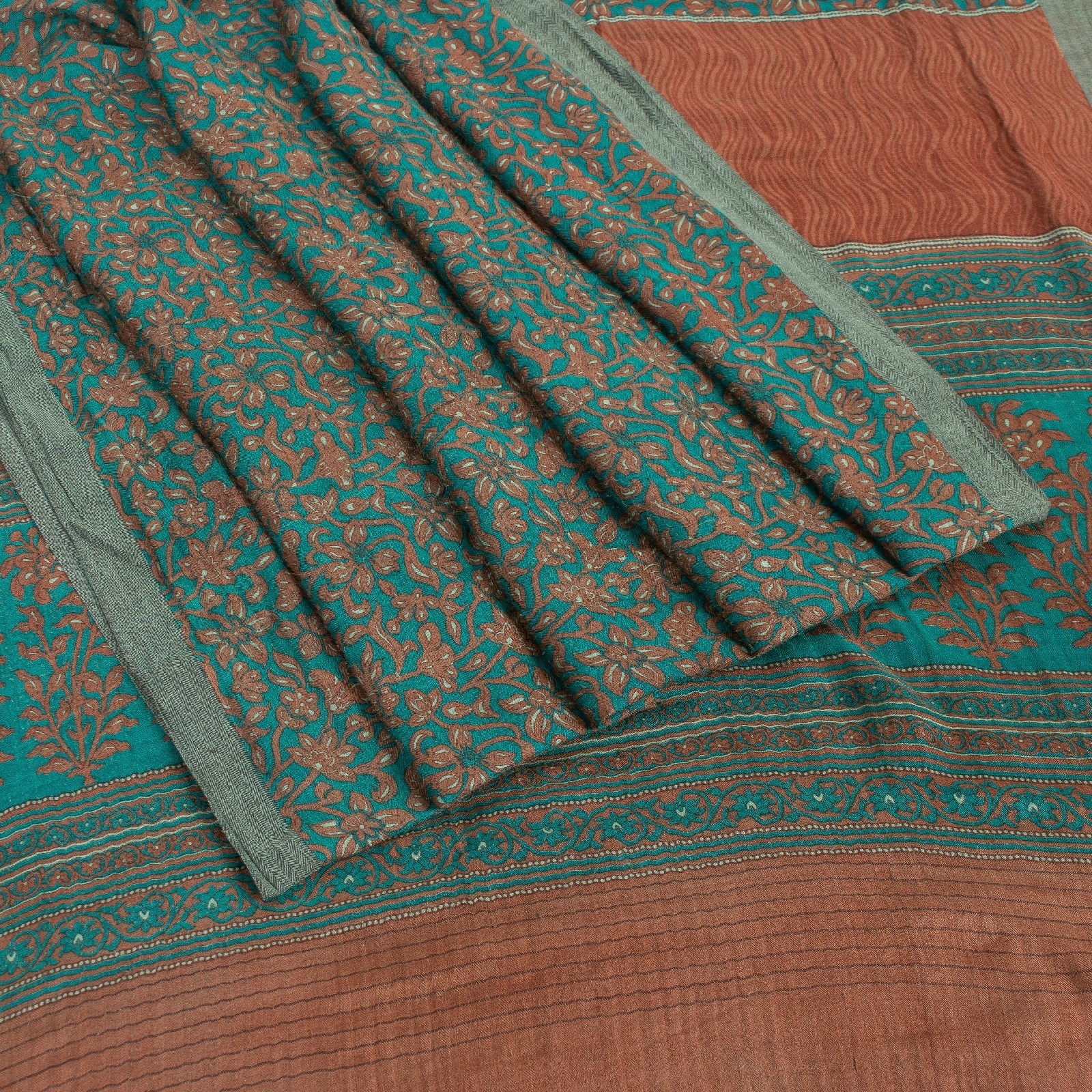Sanskriti Vintage Green Sarees Pure Woolen Floral Printed 5+Yd Women Winter Sari