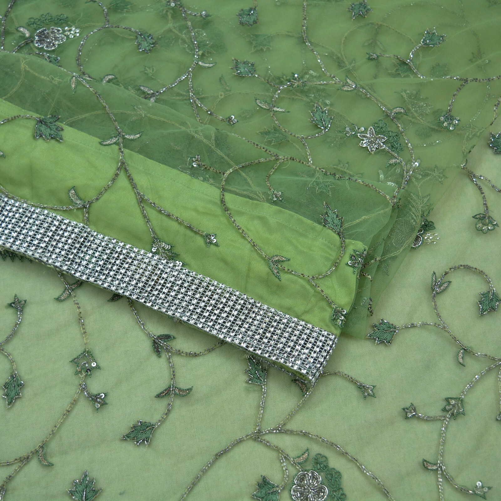 Vintage Heavy Saree Green Net/Mesh Hand Embroidered Sari Fabric 5Yd Sewing Dabka