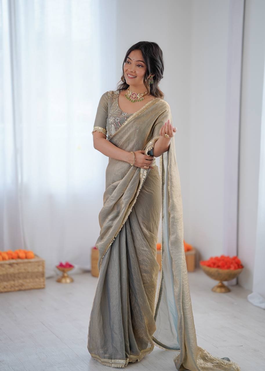 PreStitched Ready to Wear Saree Bollywood Reception Party Wear Fandy Silk Sari