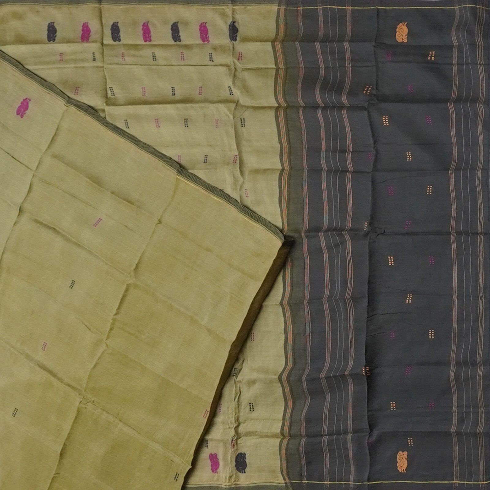 Vintage Olive Green Saree 100% Pure Silk Kanjivaram Korvai – No Zari Sari Fabric
