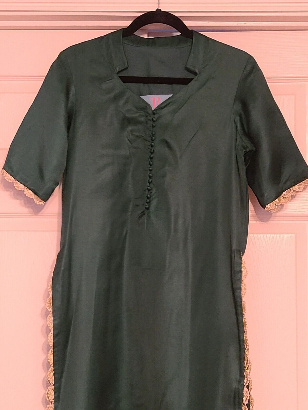 Traditional Indian Kurta Green Lined with Gold lace/Pearl Bead Trim Trupti Bhula