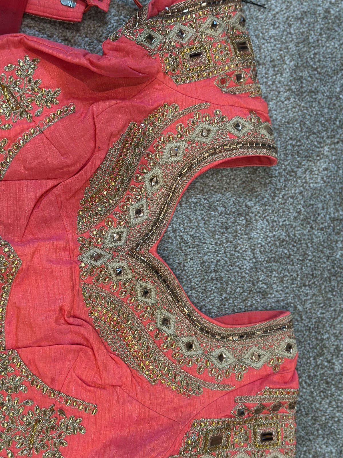 Coral Red color Lengha, Heavy Embroidery- Worn only once